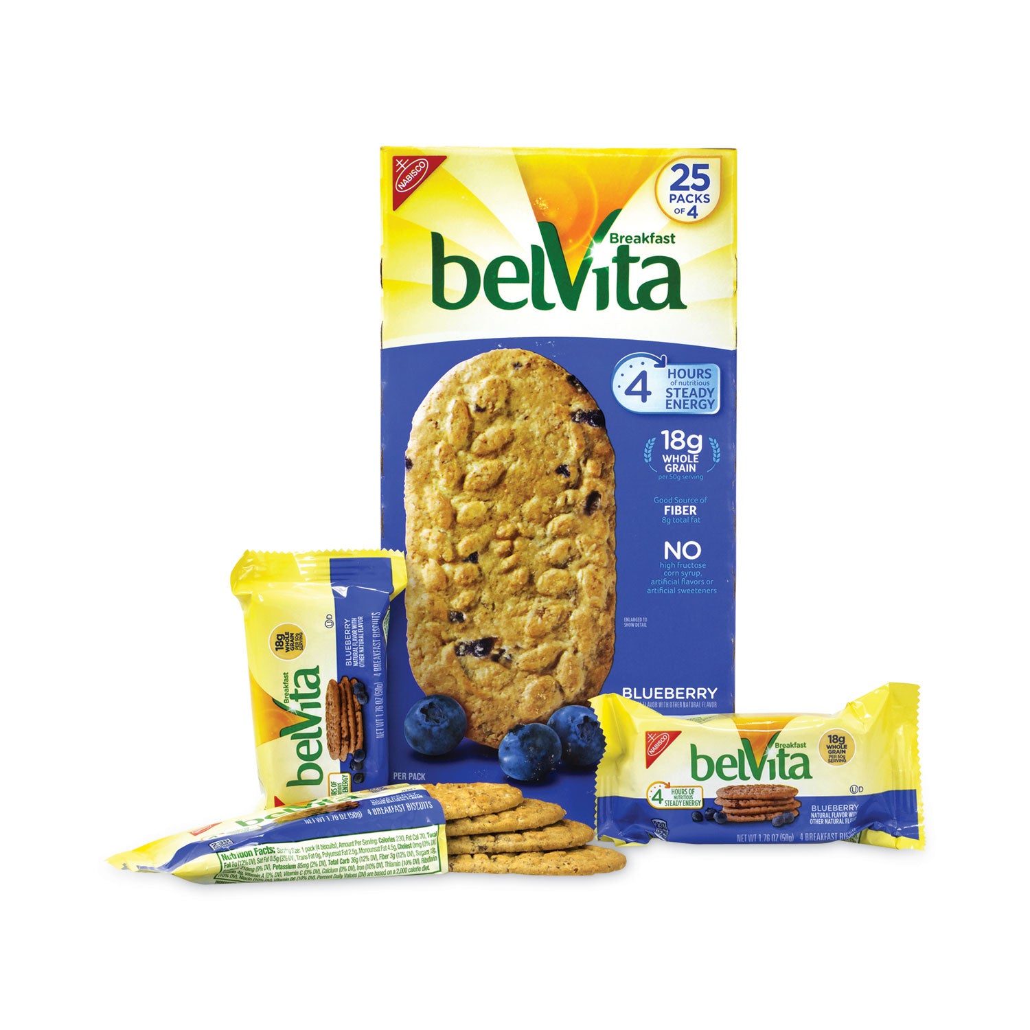 belVita Breakfast Biscuits, Blueberry, 1.76 oz Pack, 25 Packs/Carton, Ships in 1-3 Business Days