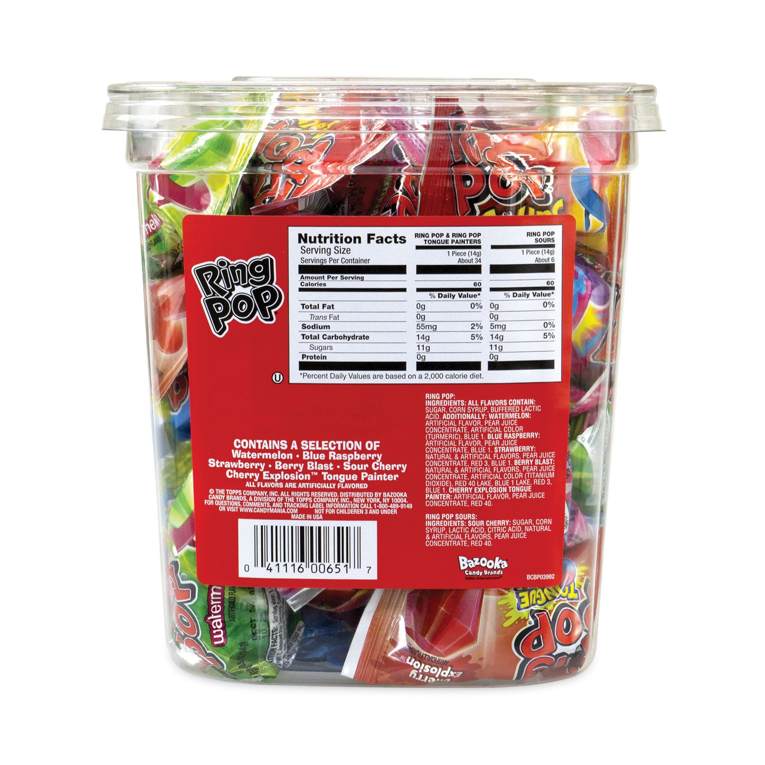 Ring Pop Lollipops, Assorted Flavors, 0.5 oz, 40 Piece Tub, Ships in 1-3 Business Days