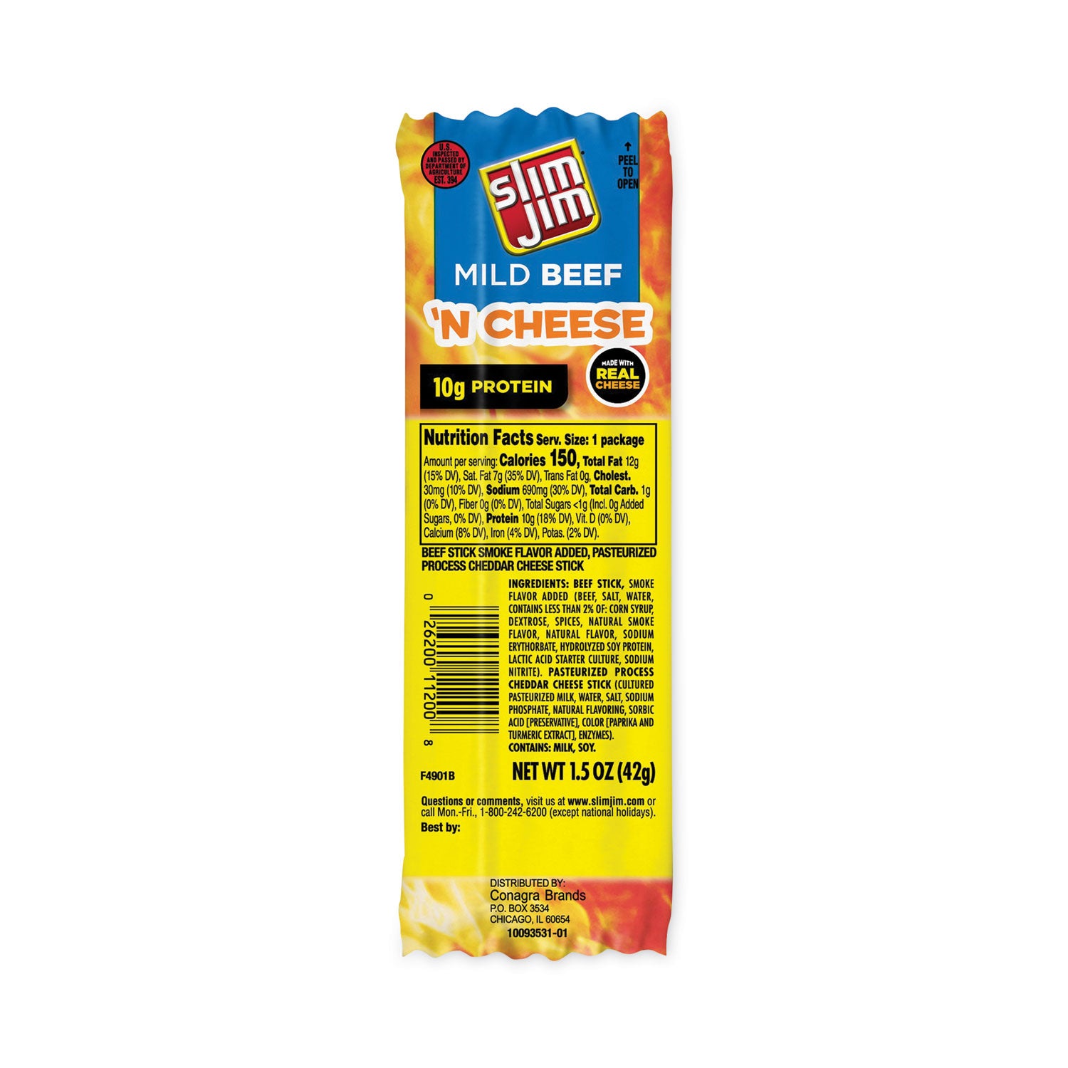 Beef and Cheese Meat Sticks, 1.5 oz, 18/Carton, Ships in 1-3 Business Days