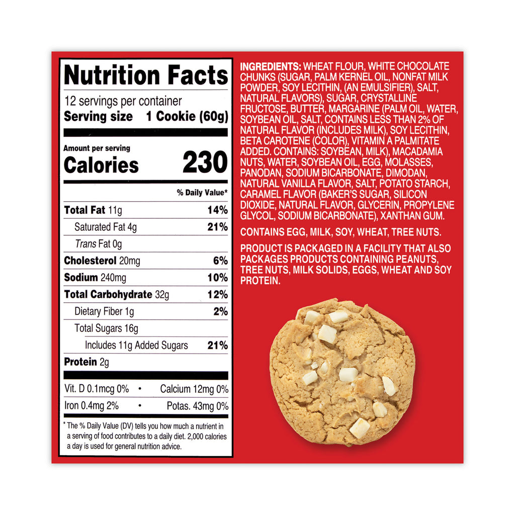 White Chunk Macadamia Cookies, 2.1 oz, Individually Wrapped Pack, White Chocolate, 12/Carton, Ships in 1-3 Business Days