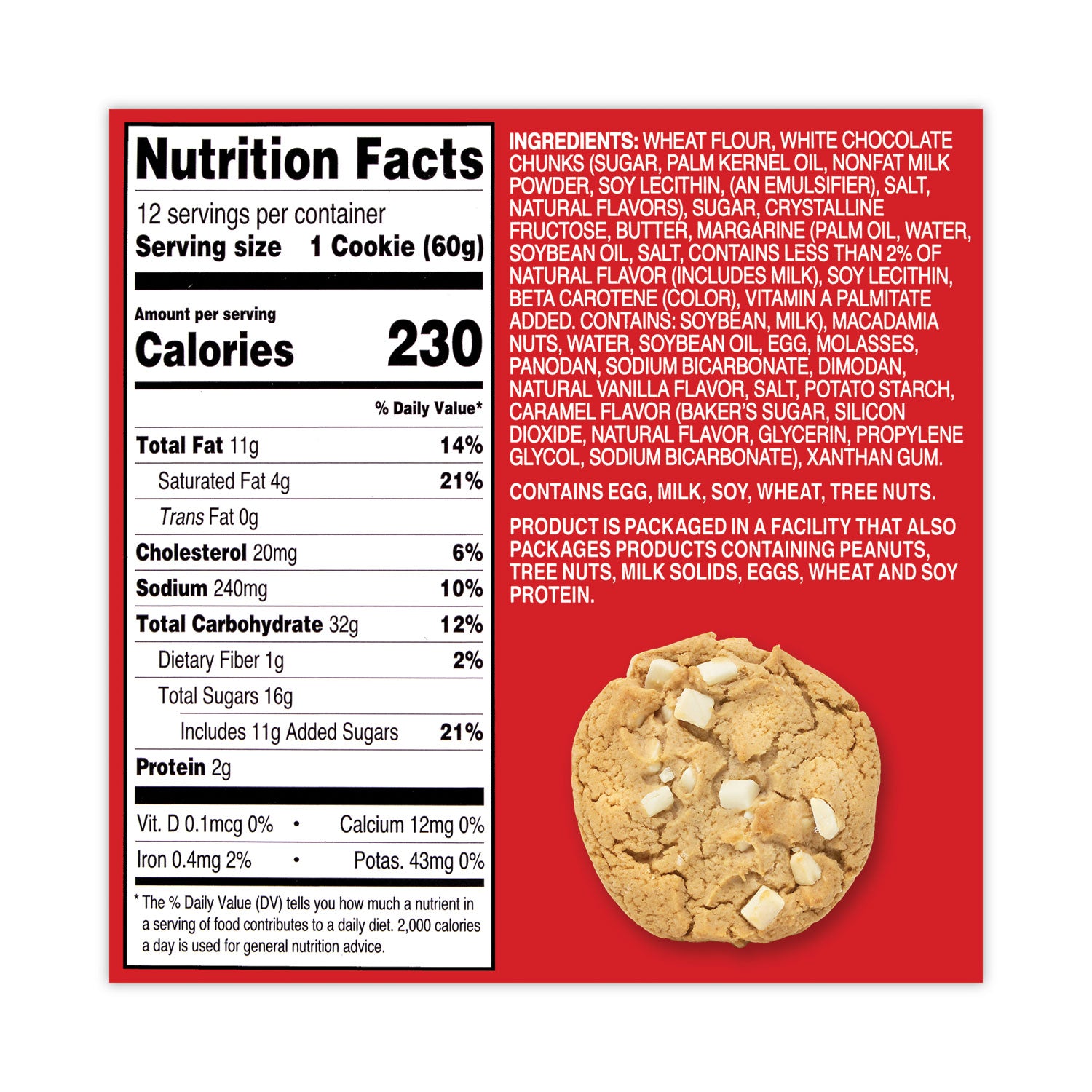 White Chunk Macadamia Cookies, 2.1 oz, Individually Wrapped Pack, White Chocolate, 12/Carton, Ships in 1-3 Business Days