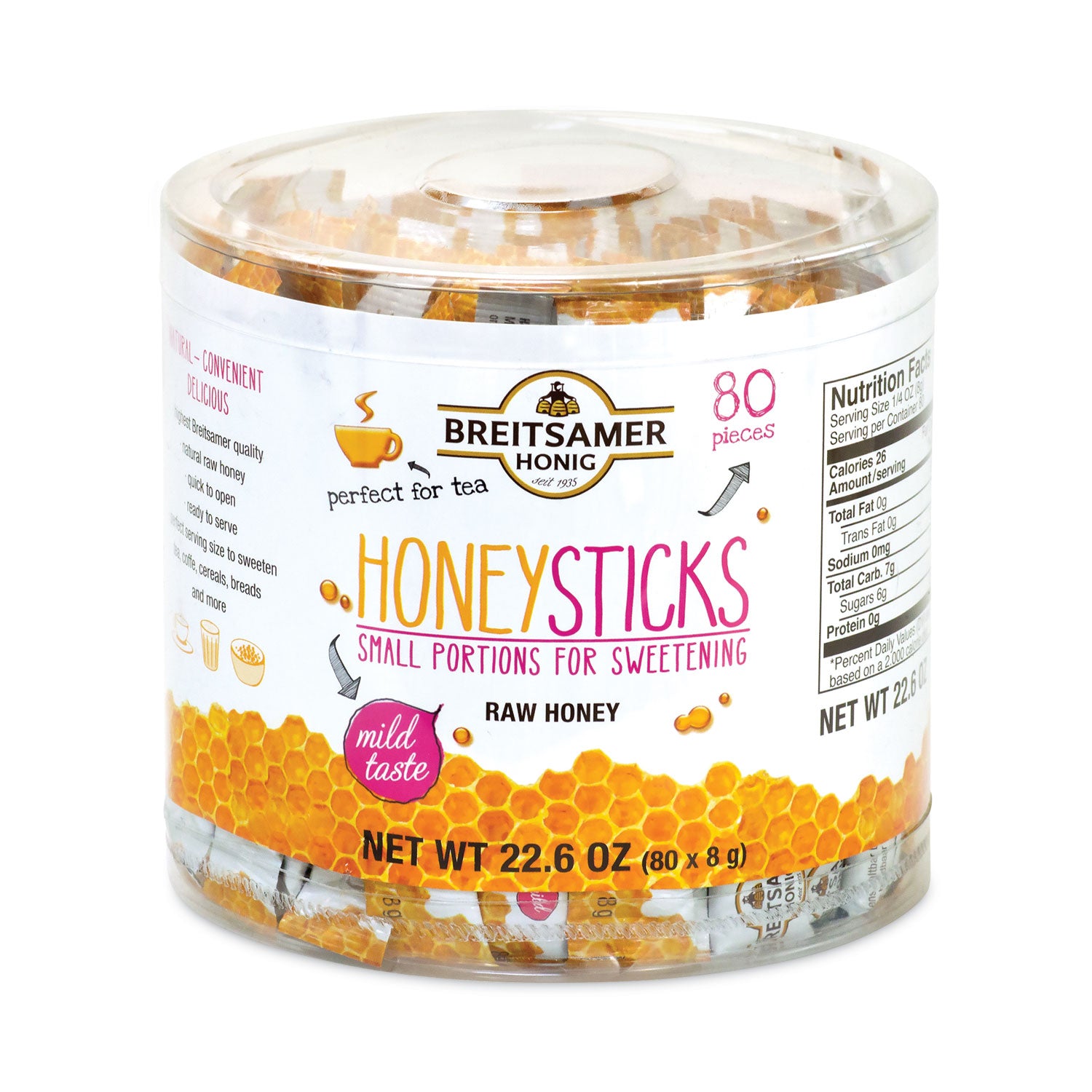 Raw Honey Sticks, 0.28 oz, 80 Sticks/Tub, 1 Tub/Carton, Ships in 1-3 Business Days - 2