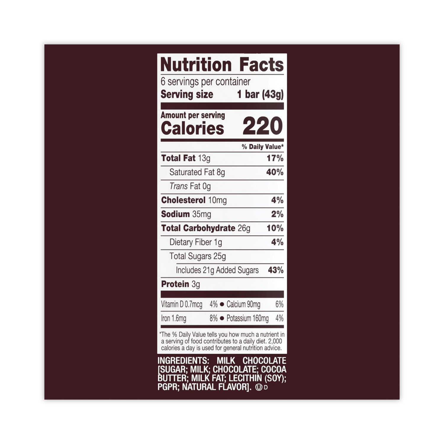 Milk Chocolate Bar, 1.55 oz Bar, 6 Bars/Pack, 2 Packs/Box, Ships in 1-3 Business Days