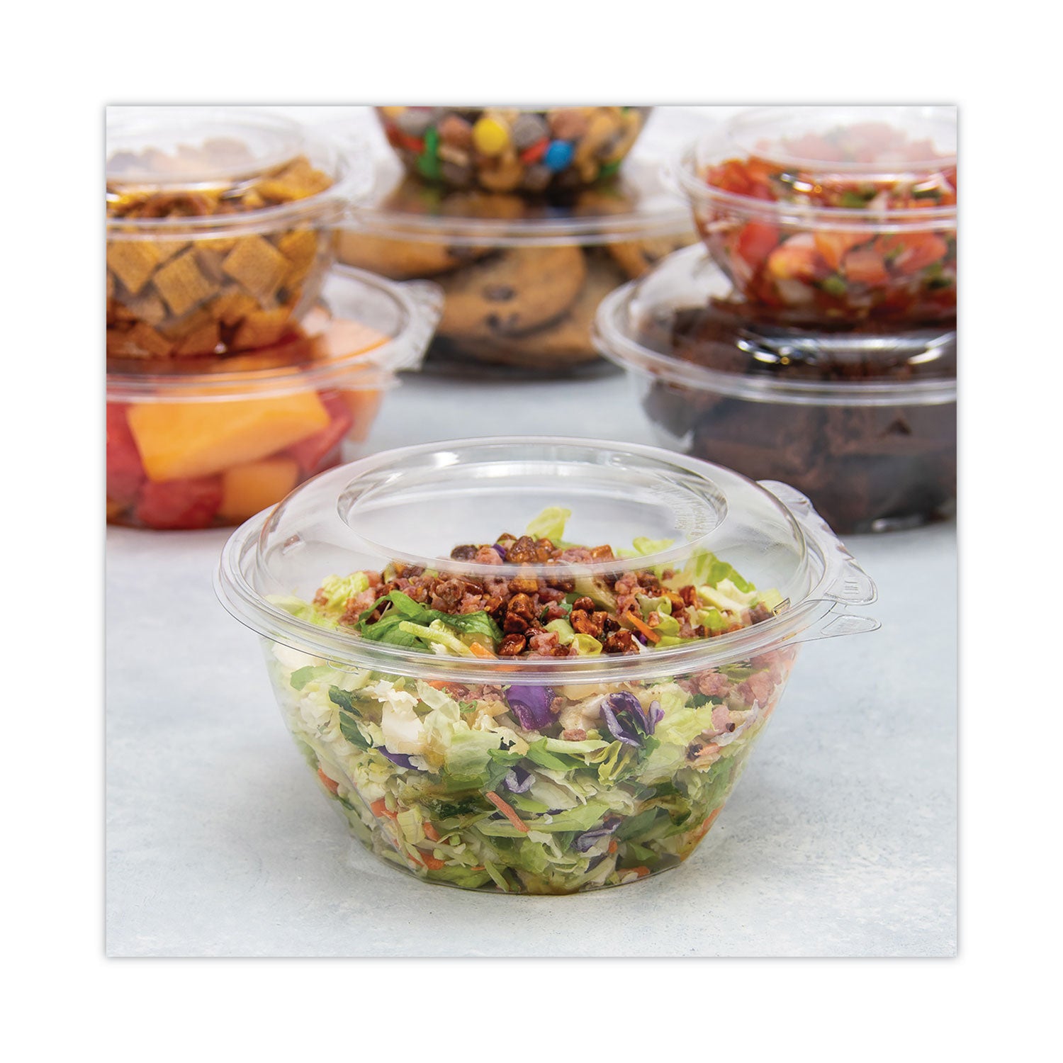 Tamper-Resistant, Tamper-Evident Bowls with Dome Lid, 32 oz, 7" Diameter x 3.4"h, Clear, Plastic, 150/Carton