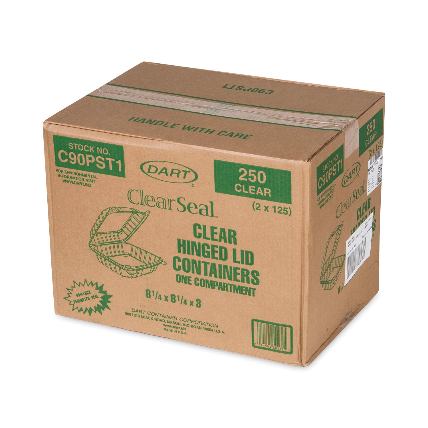 ClearSeal Hinged-Lid Plastic Containers, 8.3 x 8.3 x 3, Clear, Plastic, 250/Carton - 