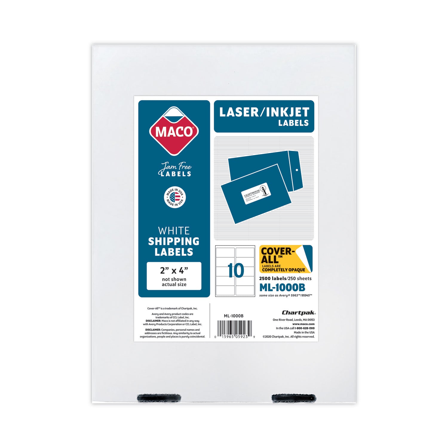 Cover-All Opaque Laser/Inkjet Shipping Labels, Inkjet/Laser Printers, 2 x 4, White, 10 Labels/Sheet, 250 Sheets/Box - 