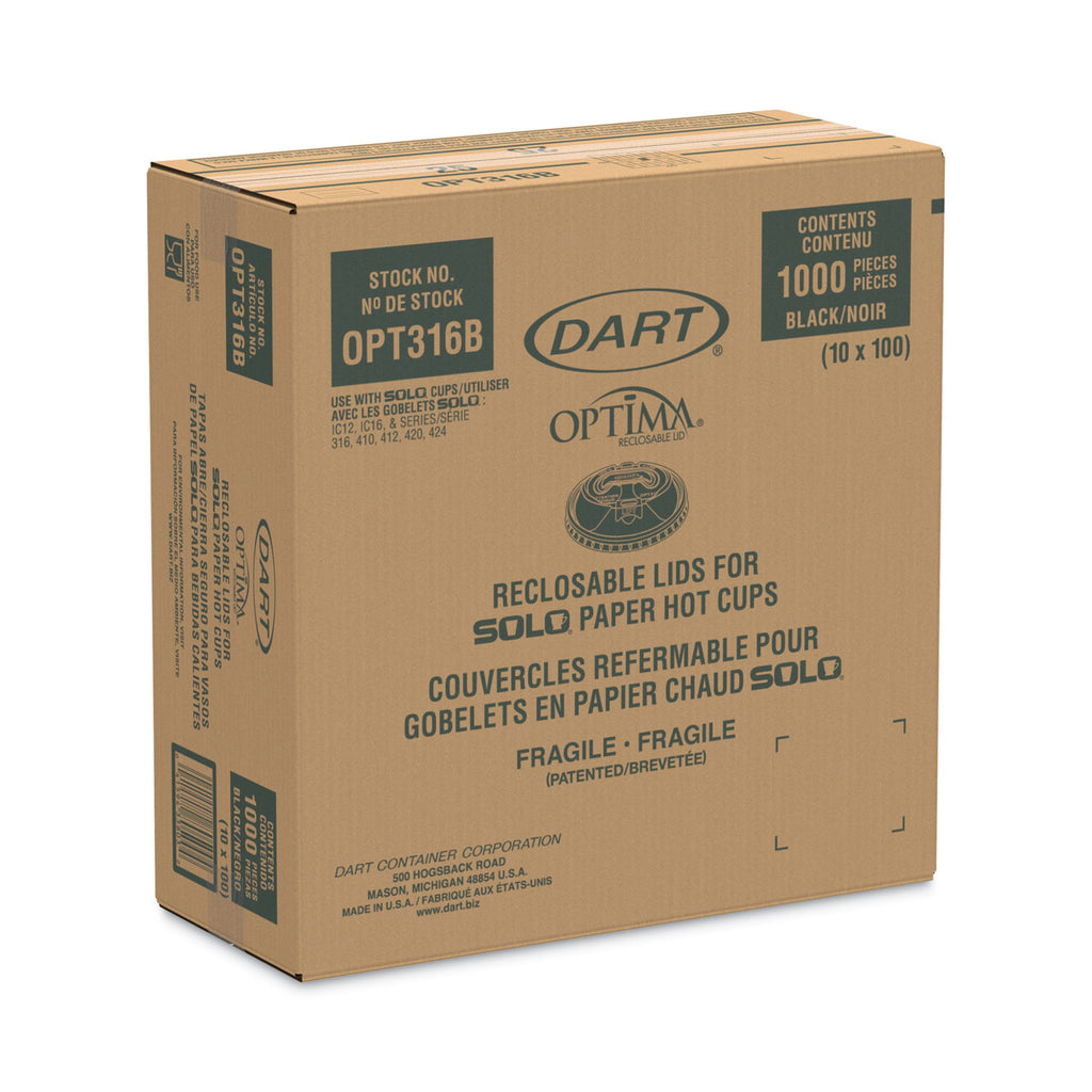 Optima Reclosable Lids for Hot Paper Cups, Fits 10 oz to 24 oz Cups, Black, 1,000/Carton
