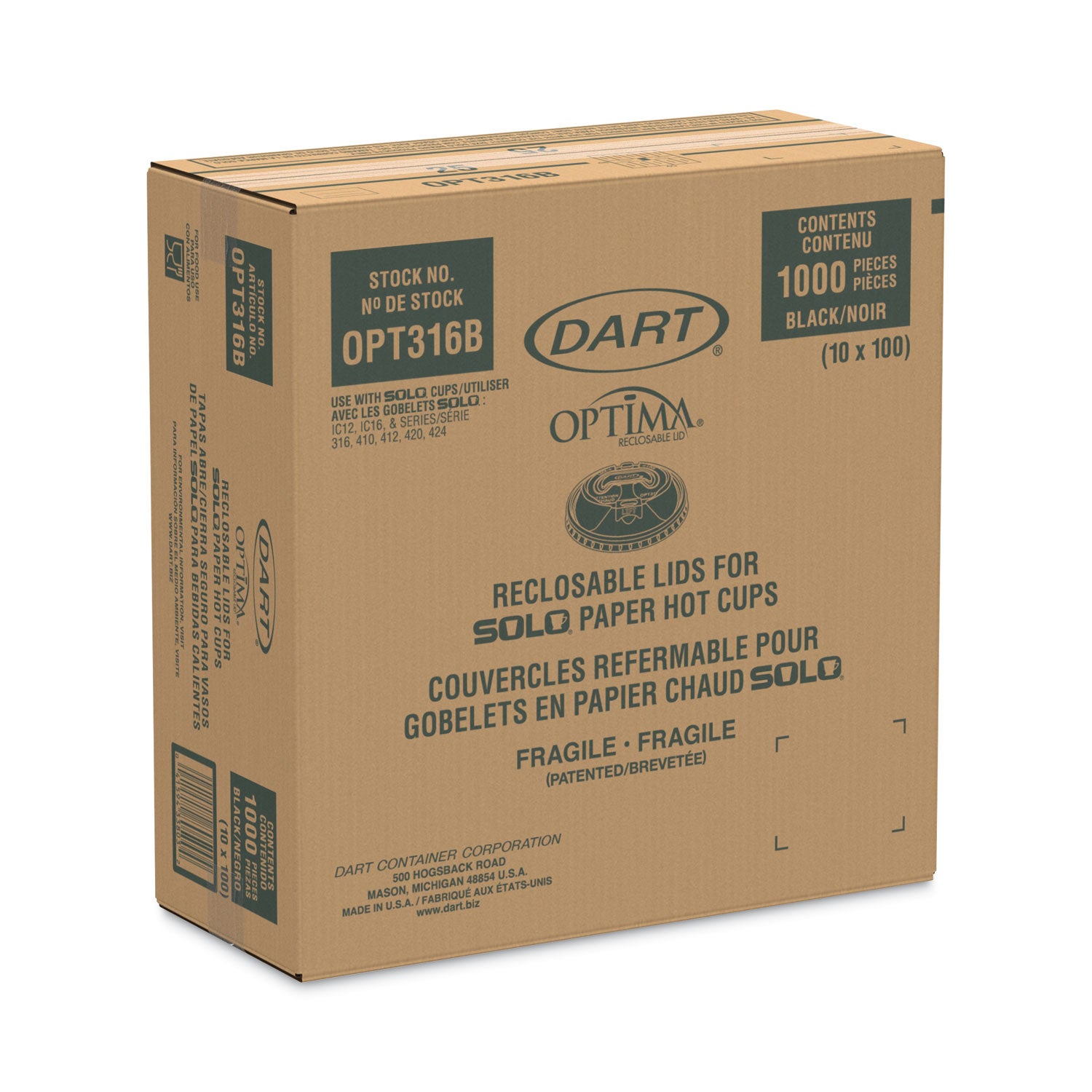 Optima Reclosable Lids for Hot Paper Cups, Fits 10 oz to 24 oz Cups, Black, 1,000/Carton