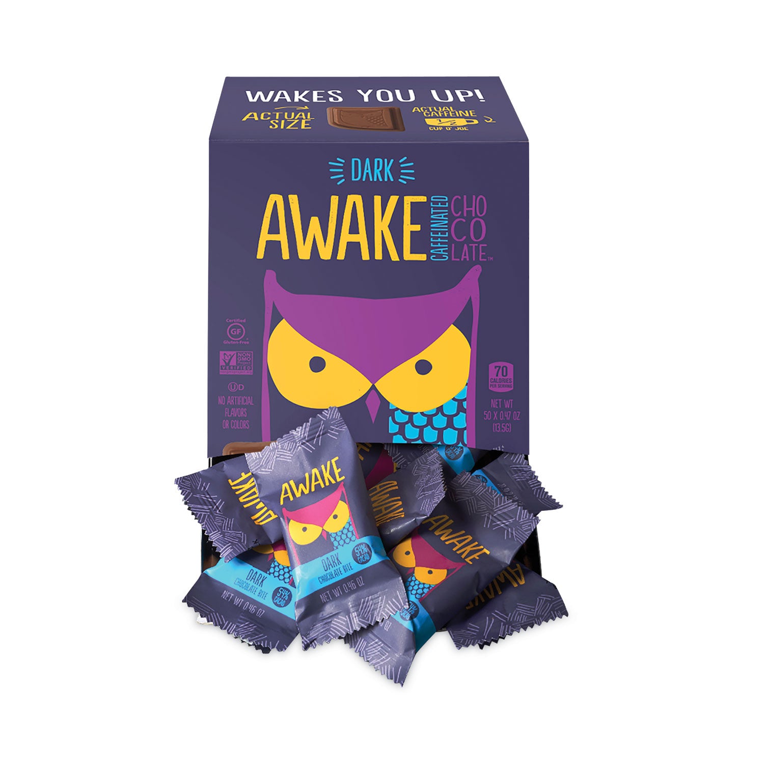 Caffeinated Dark Chocolate Bites, 0.47 oz Bars, 50 Bars/Carton, Ships in 1-3 Business Days