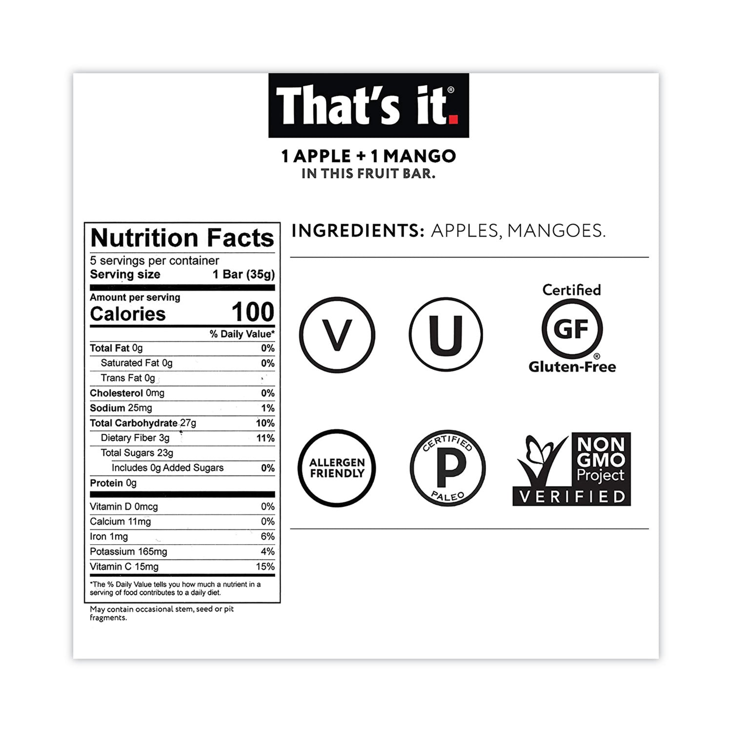 Nutrition Bar, Gluten Free Apple and Mango Fruit, 1.2 oz Bar, 12/Carton, Ships in 1-3 Business Days