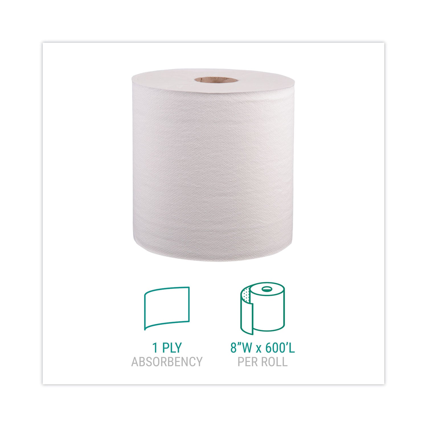Nonperforated Roll Towels, 1-Ply, White, 8" x 800ft, 6 Rolls/Carton, Sold as 1 Carton, 6 Each per Carton