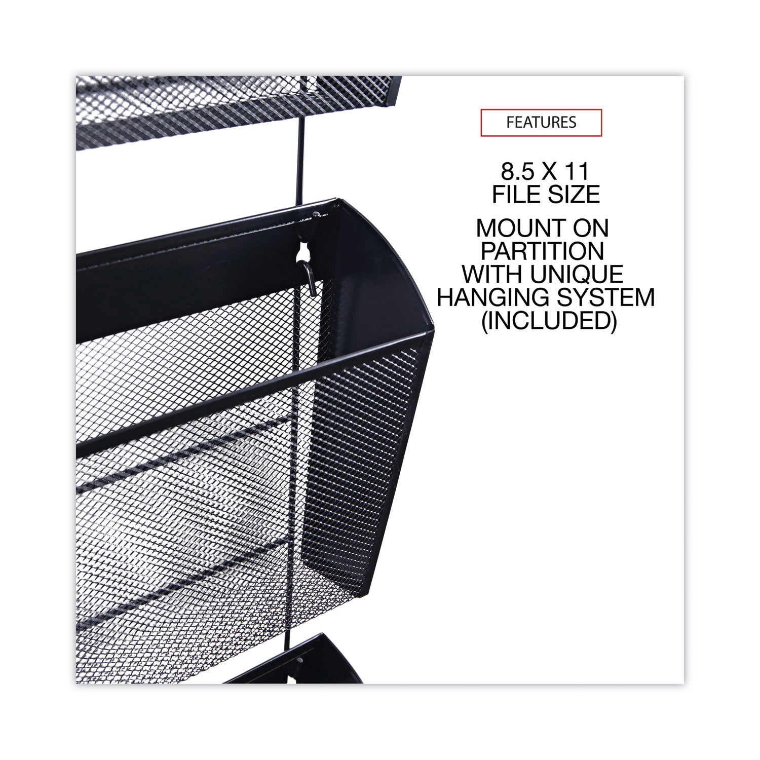 Mesh Three-Pack Wall Files, 3 Sections, Letter Size, 14.13" x 3.38" x 8.5", Black