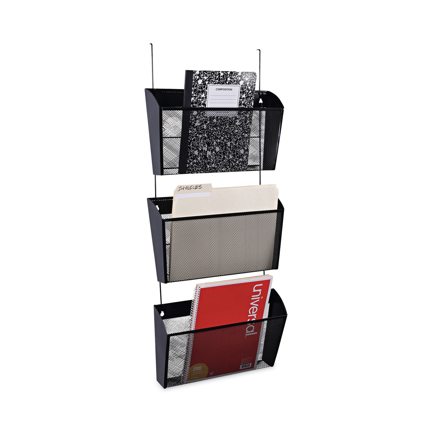 Mesh Three-Pack Wall Files, 3 Sections, Letter Size, 14.13" x 3.38" x 8.5", Black