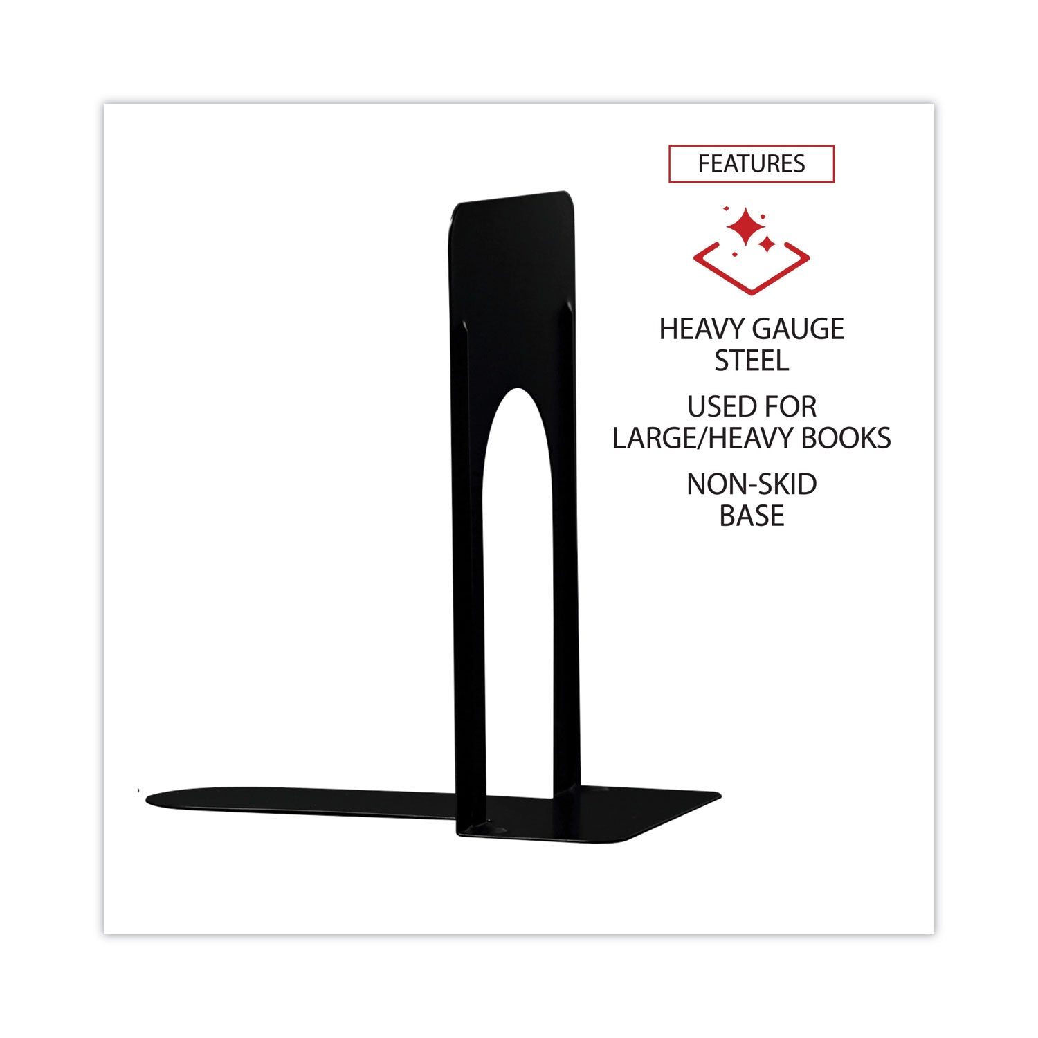 Economy Bookends, Nonskid, 5.88 x 8.25 x 9, Heavy Gauge Steel, Black, 1 Pair - 