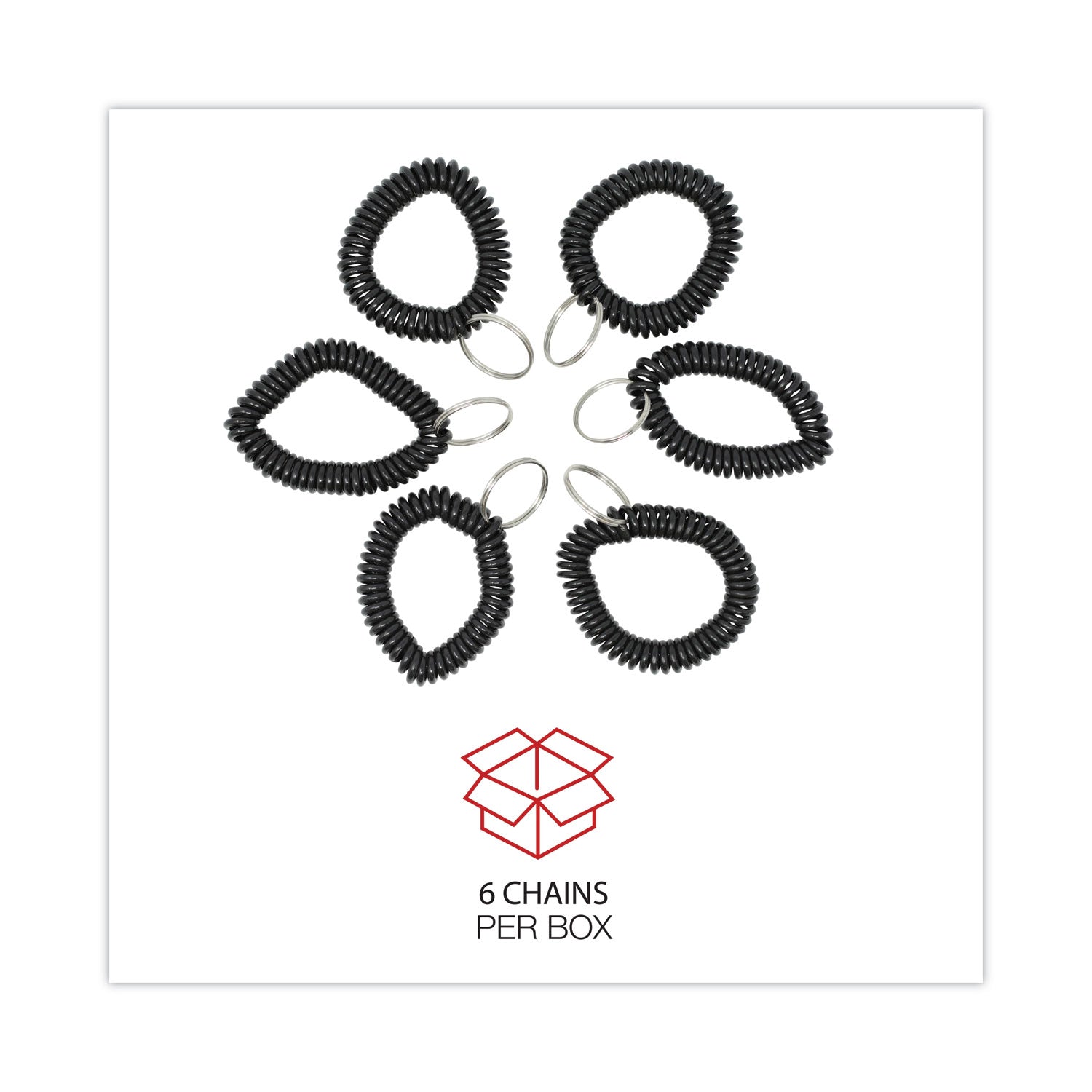 Wrist Coil Plus Key Ring, Plastic, Black, 6/Pack