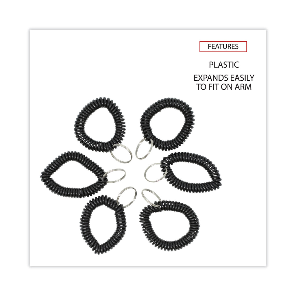 Wrist Coil Plus Key Ring, Plastic, Black, 6/Pack
