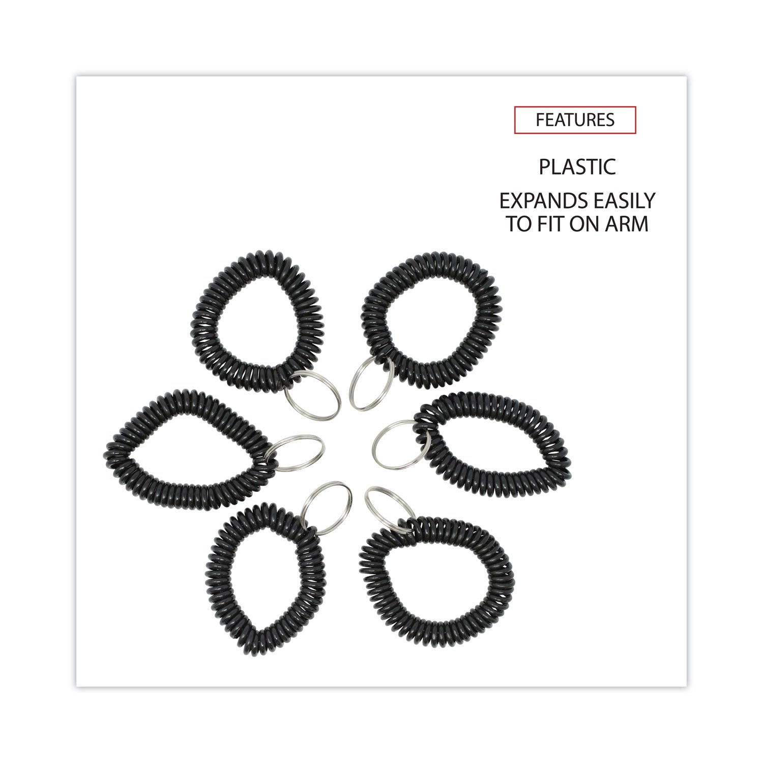 Wrist Coil Plus Key Ring, Plastic, Black, 6/Pack