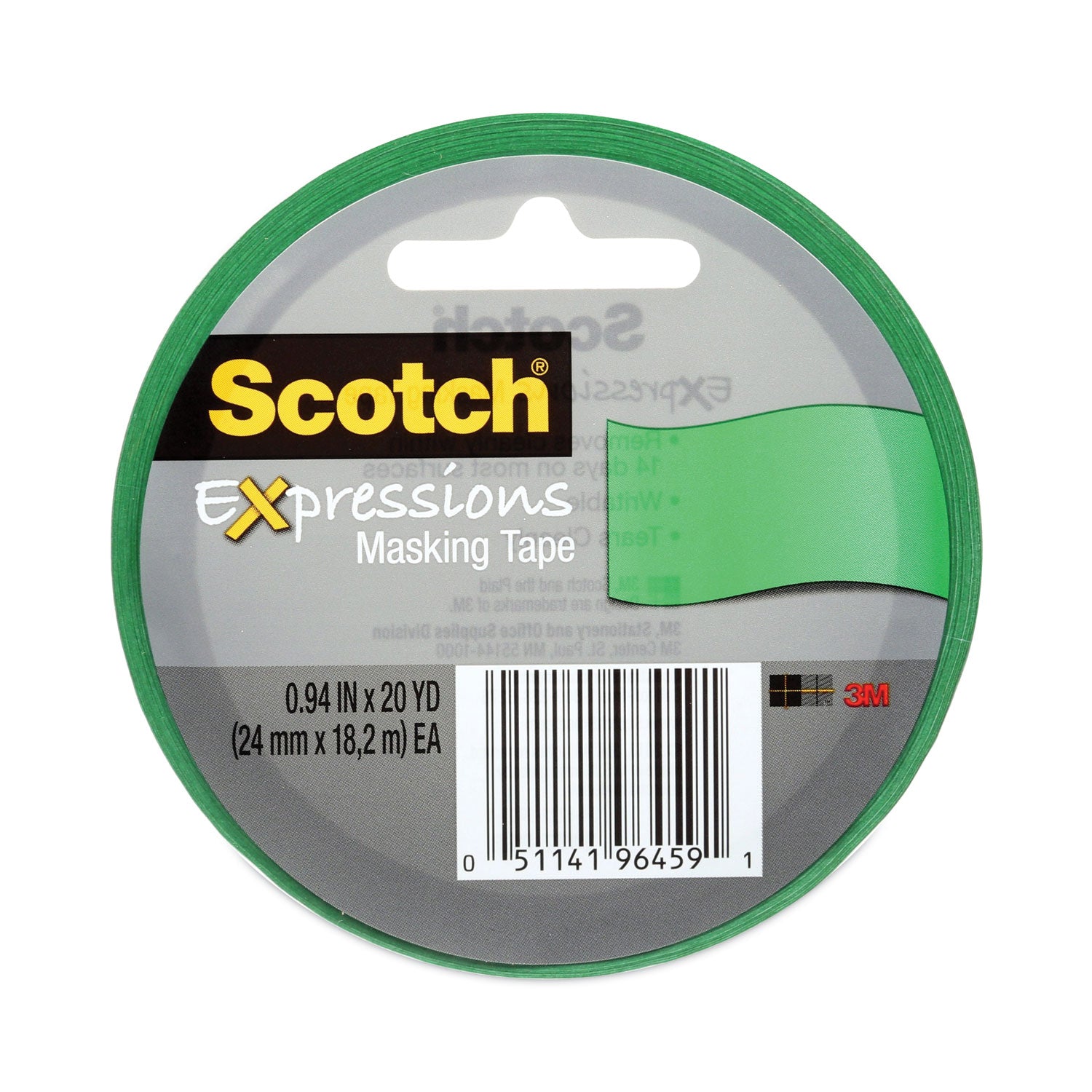 Expressions Masking Tape, 3" Core, 0.94" x 20 yds, Primary Green - 
