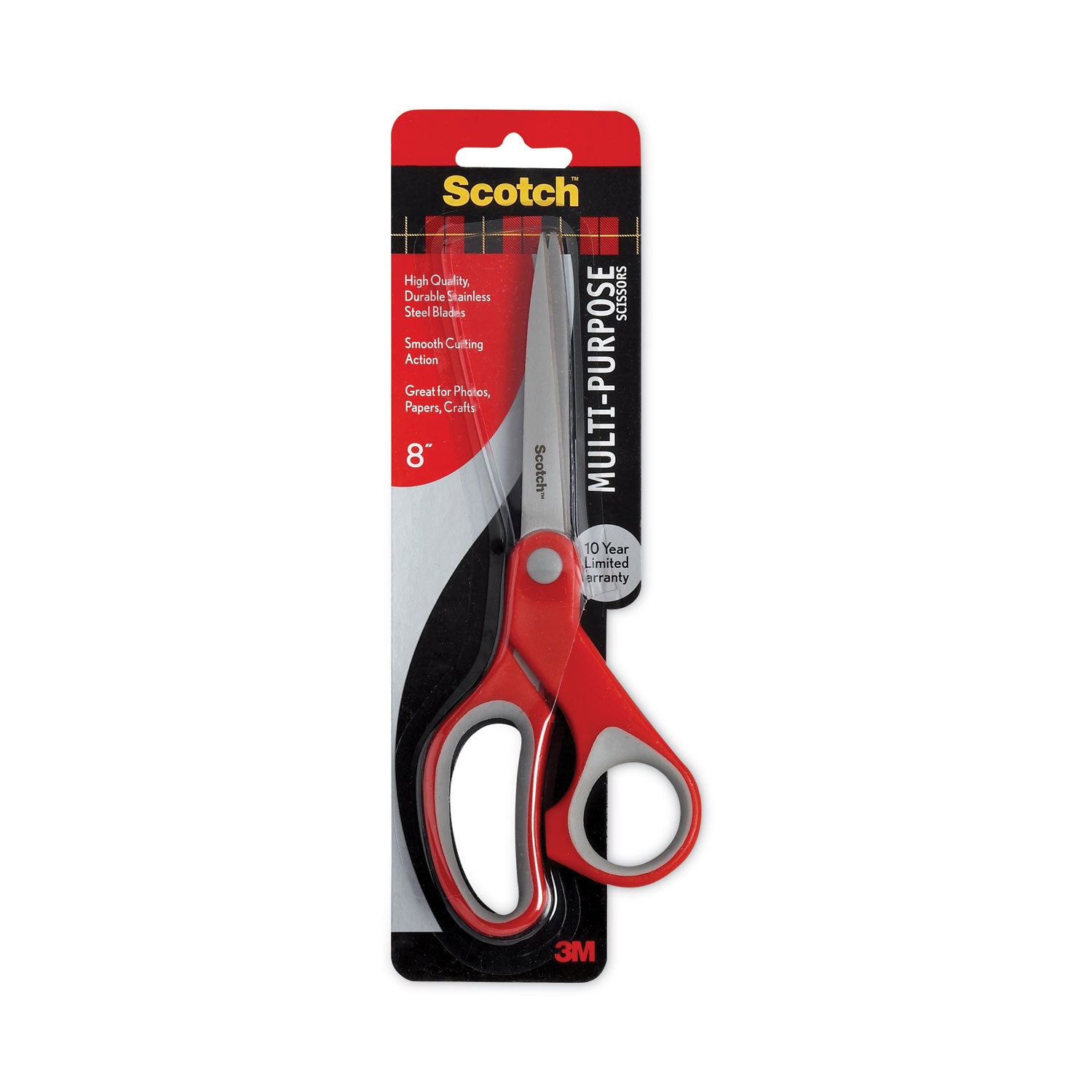 Multi-Purpose Scissors, 8" Long, 3.38" Cut Length, Gray/Red Straight Handle - 