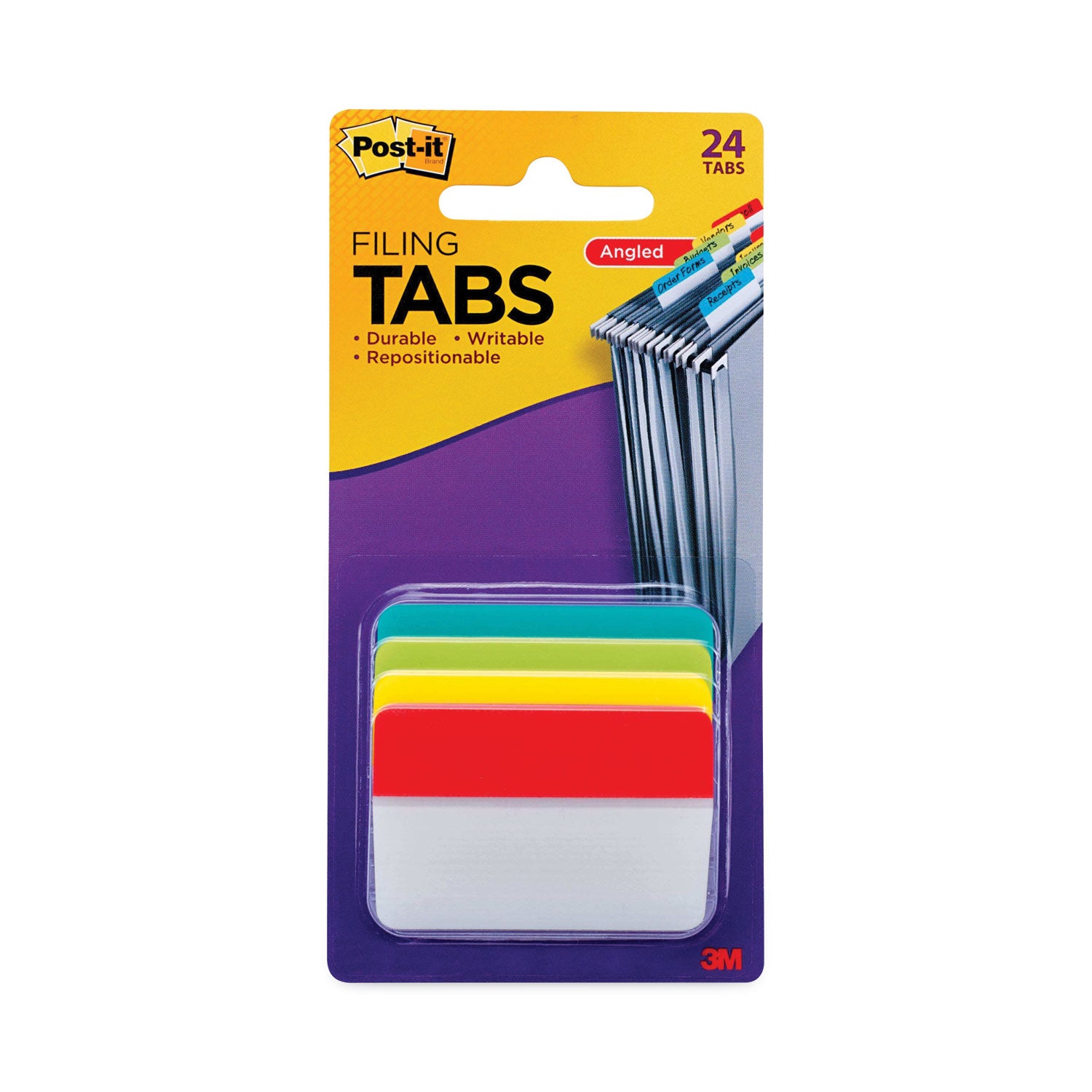 2" Plain Solid Color Angled Tabs, 1/5-Cut, Assorted Colors, 2" Wide, 24/Pack - 