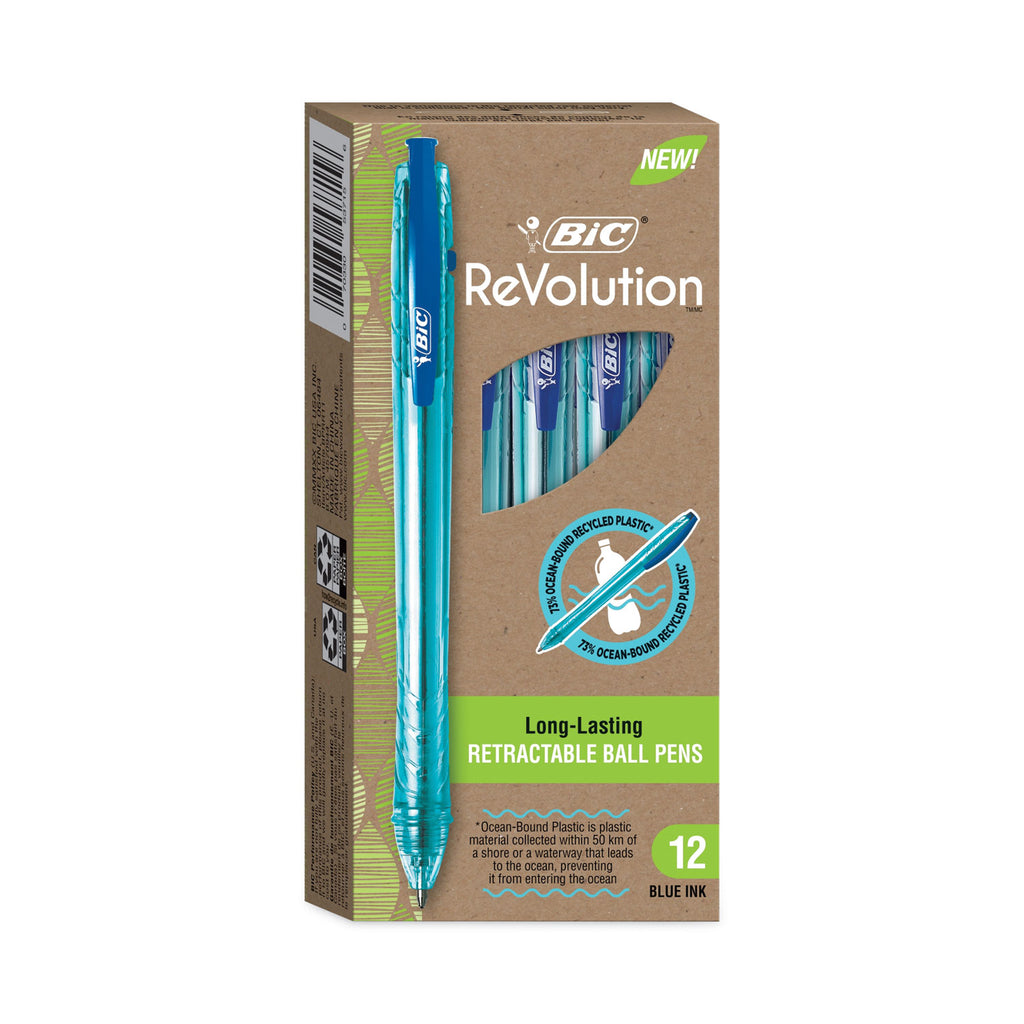 ReVolution Ocean Bound Ballpoint Pen, Retractable, Medium 1 mm, Blue Ink, Translucent Blue Barrel, Dozen