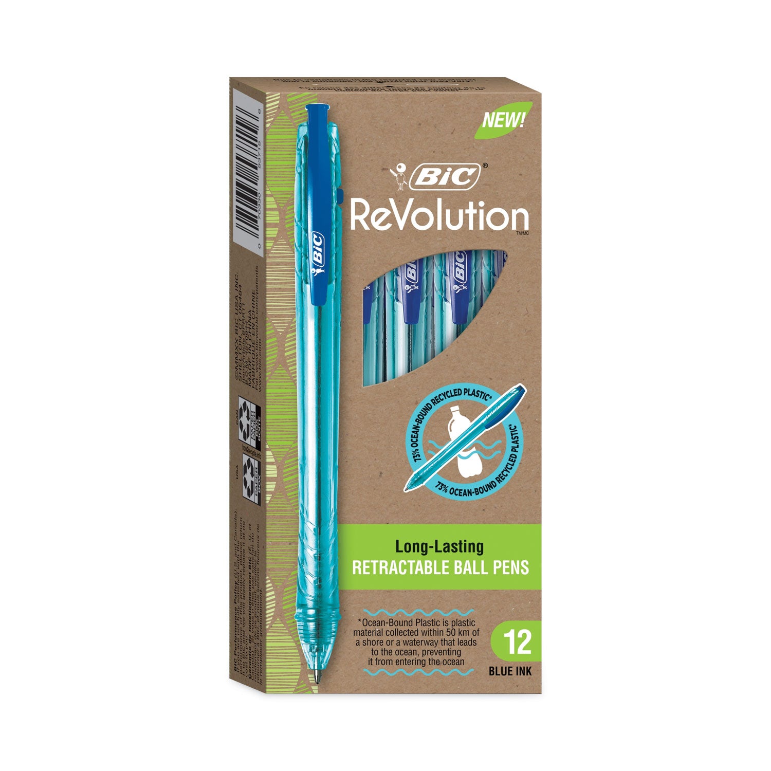 ReVolution Ocean Bound Ballpoint Pen, Retractable, Medium 1 mm, Blue Ink, Translucent Blue Barrel, Dozen