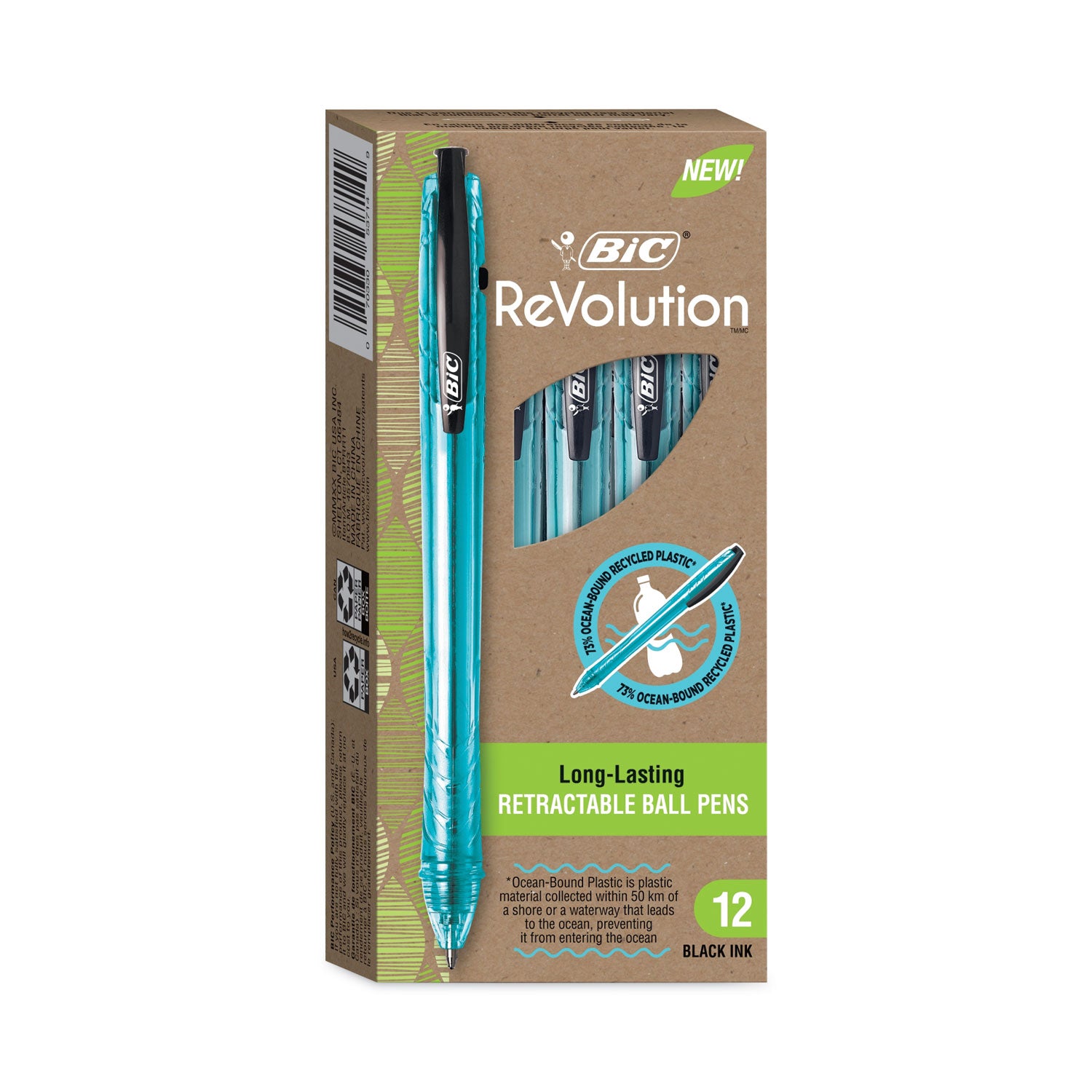 ReVolution Ocean Bound Ballpoint Pen, Retractable, Medium 1 mm, Black Ink, Translucent Blue Barrel, Dozen