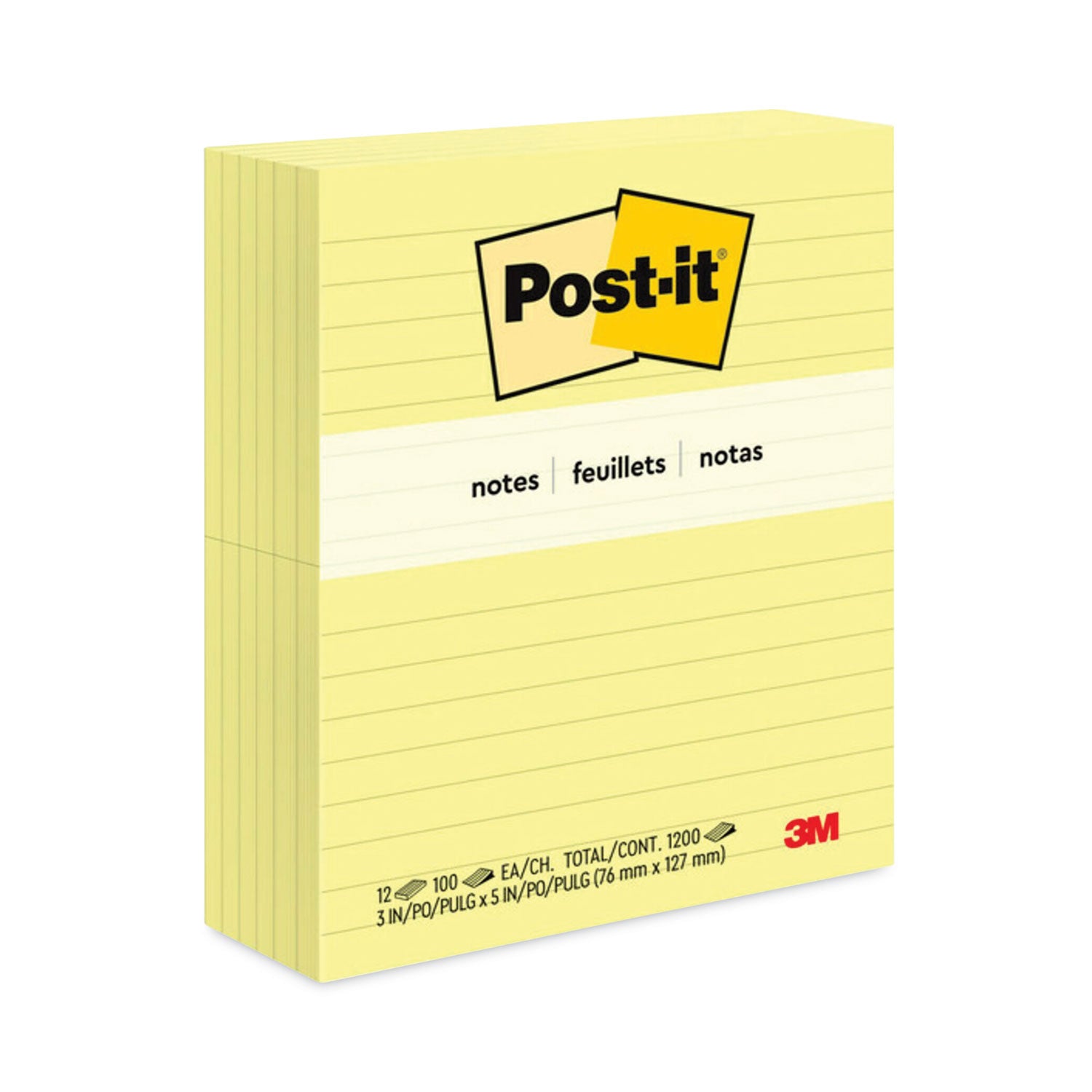 Original Pads in Canary Yellow, Note Ruled, 3" x 5", 100 Sheets/Pad, 12 Pads/Pack - 