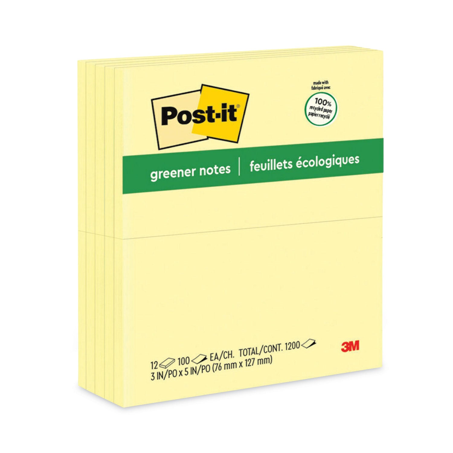 Original Recycled Note Pads, 3" x 5", Canary Yellow, 100 Sheets/Pad, 12 Pads/Pack - 