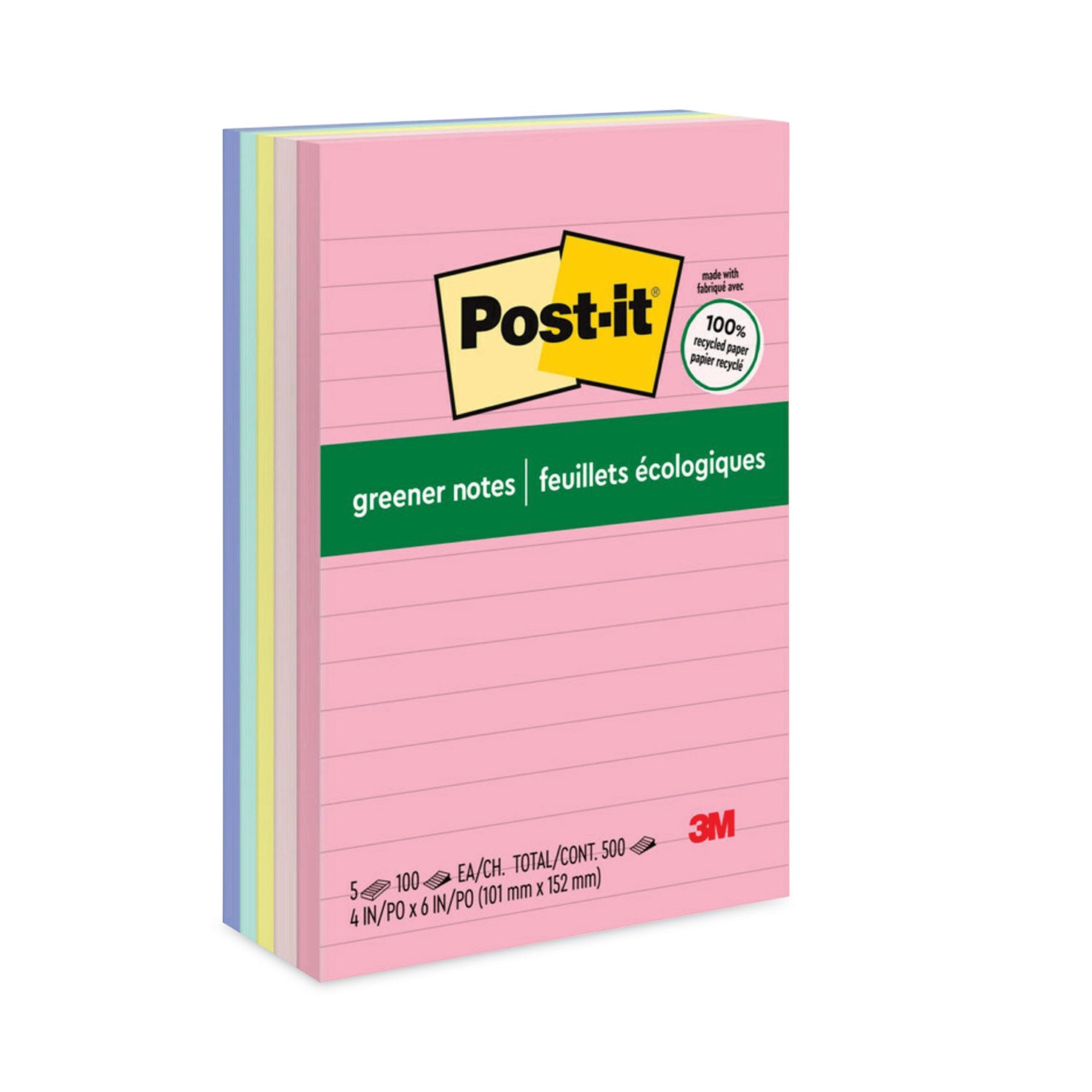 Original Recycled Note Pads, Note Ruled, 4" x 6", Sweet Sprinkles Collection Colors, 100 Sheets/Pad, 5 Pads/Pack - 