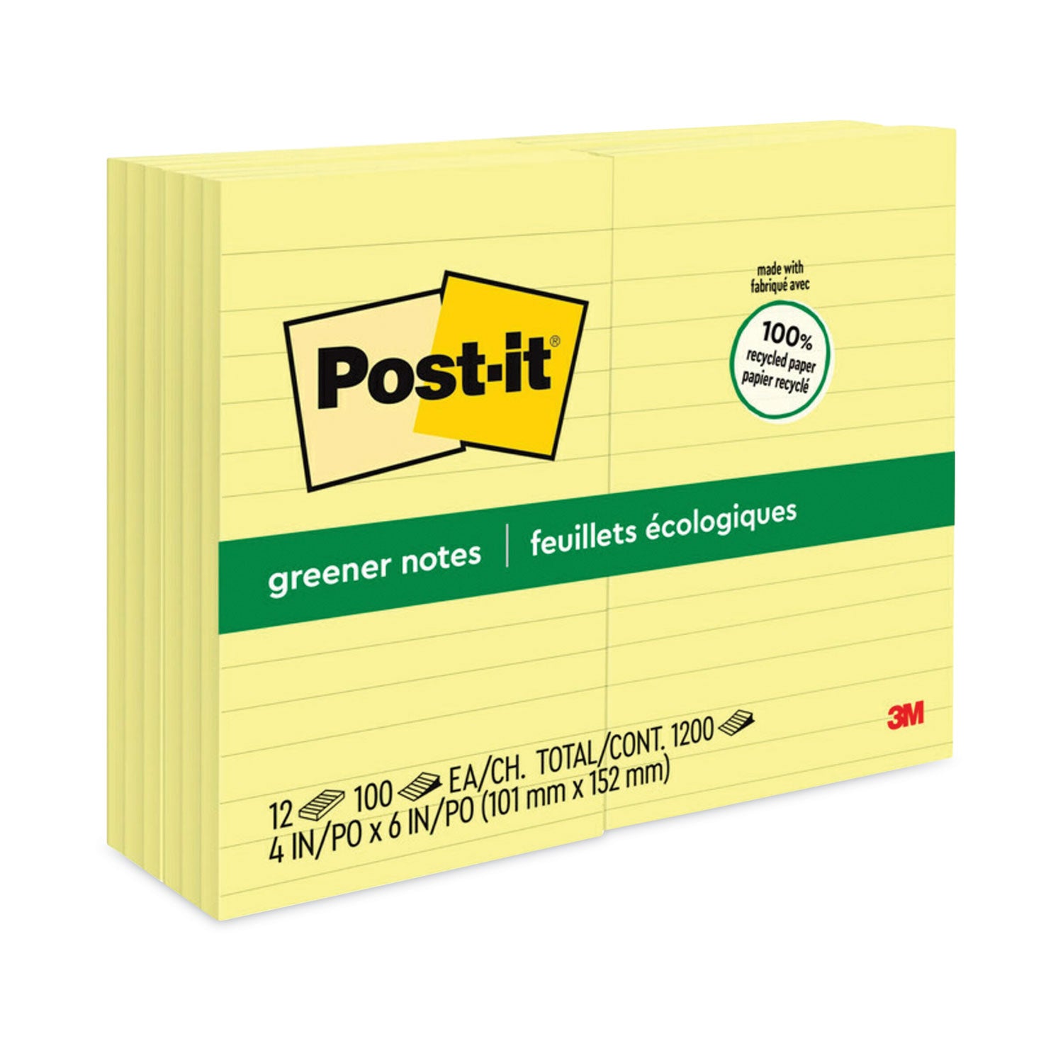 Original Recycled Note Pads, Note Ruled, 4" x 6", Canary Yellow, 100 Sheets/Pad, 12 Pads/Pack - 