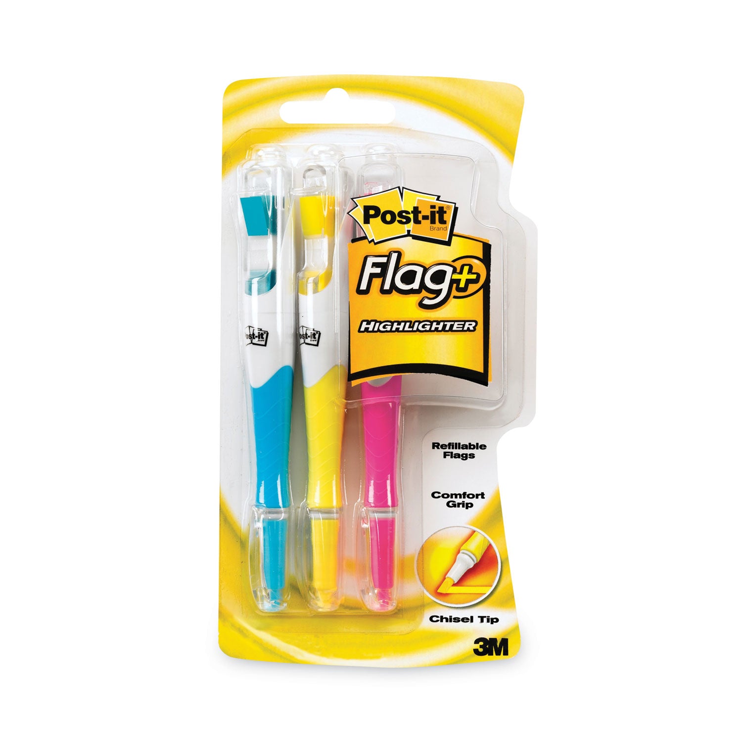 Flag+ Highlighter, Assorted Ink/Flag Colors, Chisel Tip, Assorted Barrel Colors, 3/Pack - 