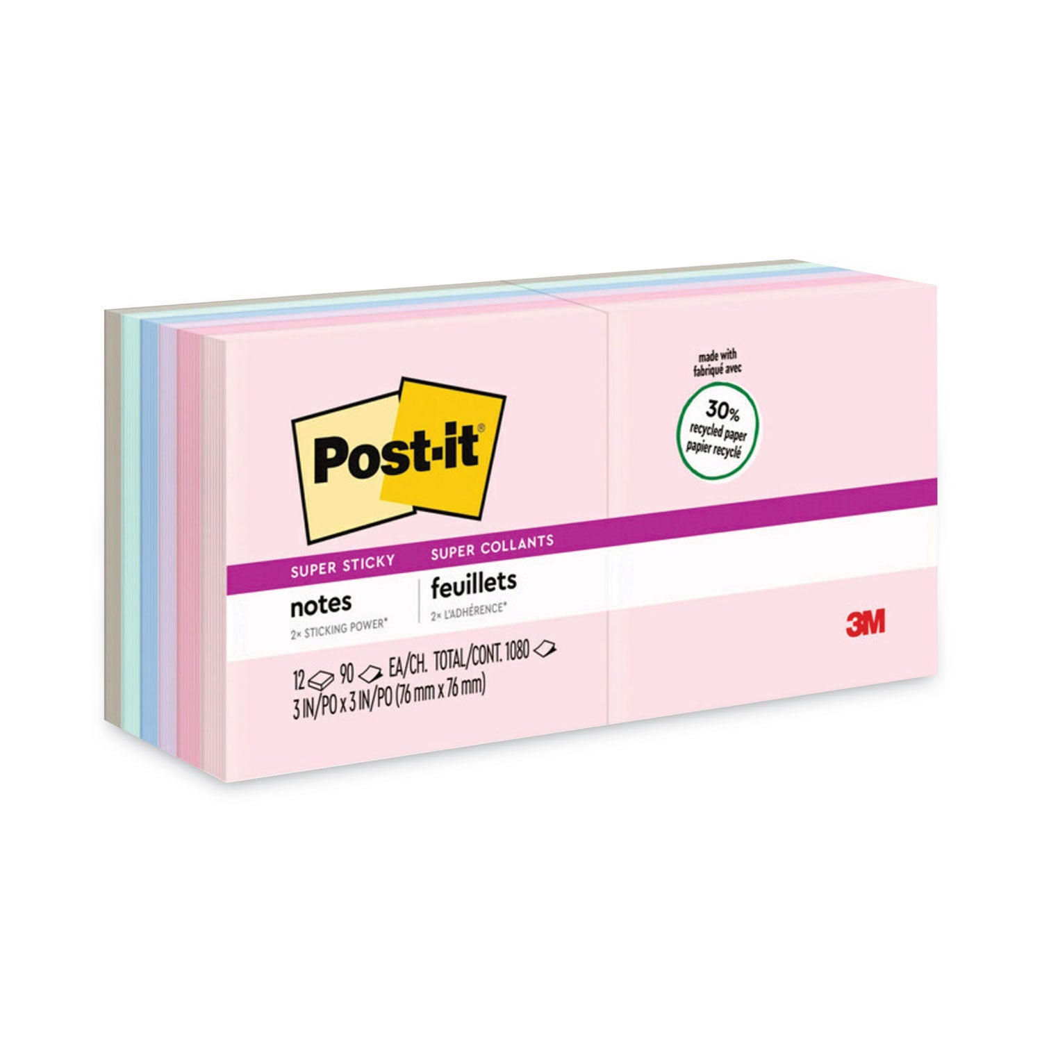 Recycled Notes in Wanderlust Pastels Collection Colors, 3" x 3", 90 Sheets/Pad, 12 Pads/Pack - 