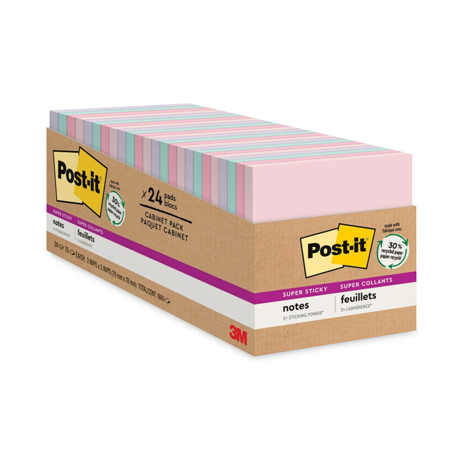 Recycled Notes in Wanderlust Pastel Collection Colors, Cabinet Pack, 3" x 3", 70 Sheets/Pad, 24 Pads/Pack - 