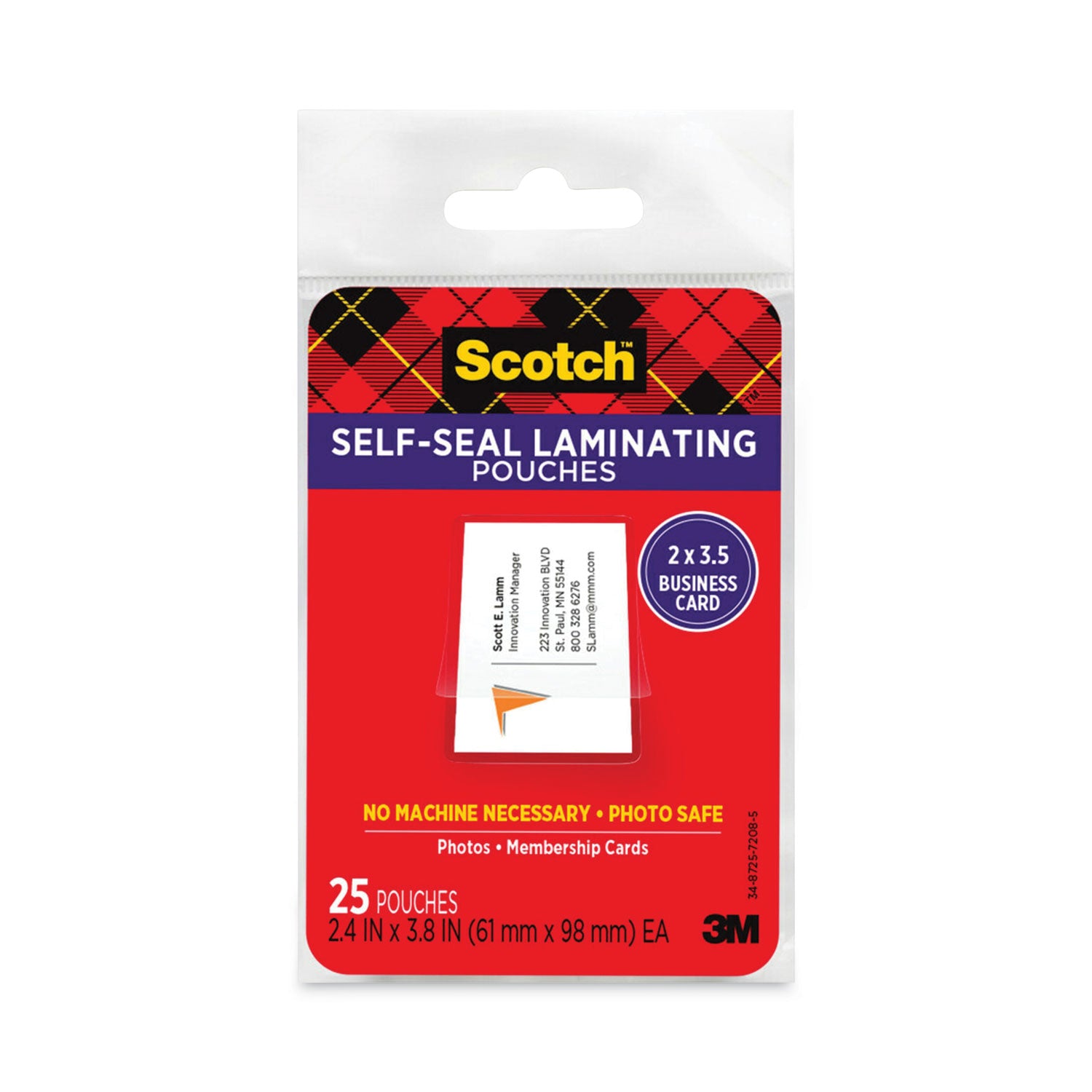 Self-Sealing Laminating Pouches, 9.5 mil, 3.88" x 2.44", Gloss Clear, 25/Pack - 