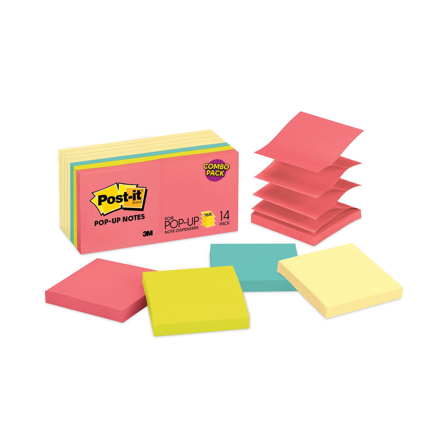 Original Pop-up Notes Value Pack, 3" x 3", (8) Canary Yellow, (6) Poptimistic Collection Colors, 100 Sheets/Pad, 14 Pads/Pack - 