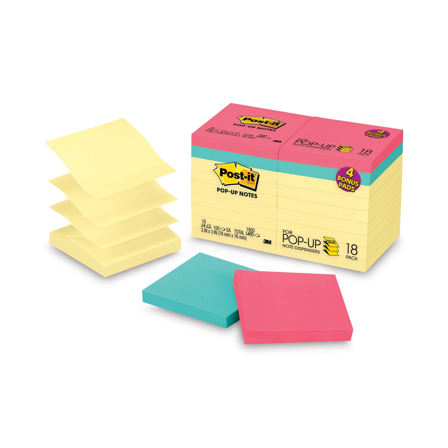 Original Pop-up Notes Value Pack, 3 x 3, (14) Canary Yellow, (4) Poptimistic Collection Colors, 100 Sheets/Pad, 18 Pads/Pack - 