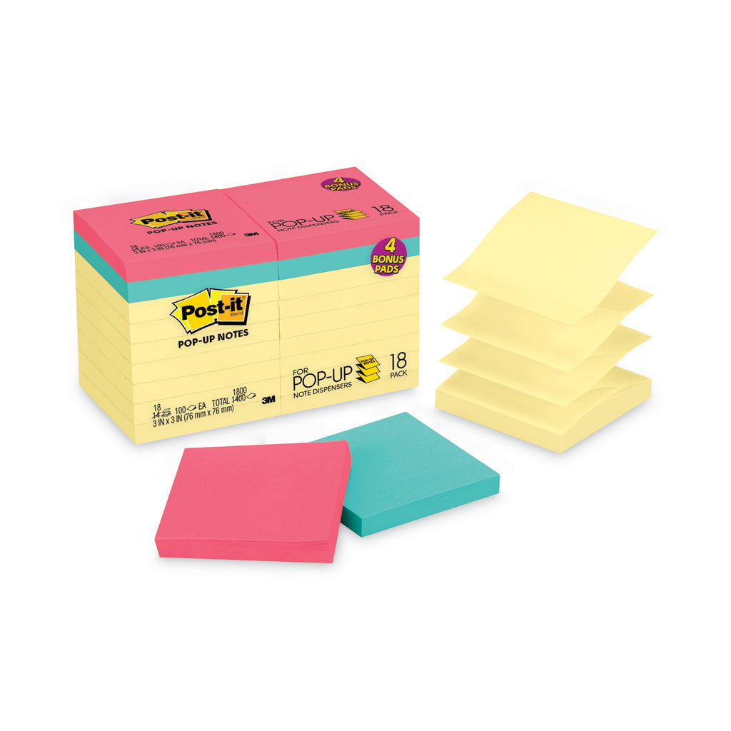 Original Pop-up Notes Value Pack, 3 x 3, (14) Canary Yellow, (4) Poptimistic Collection Colors, 100 Sheets/Pad, 18 Pads/Pack - 