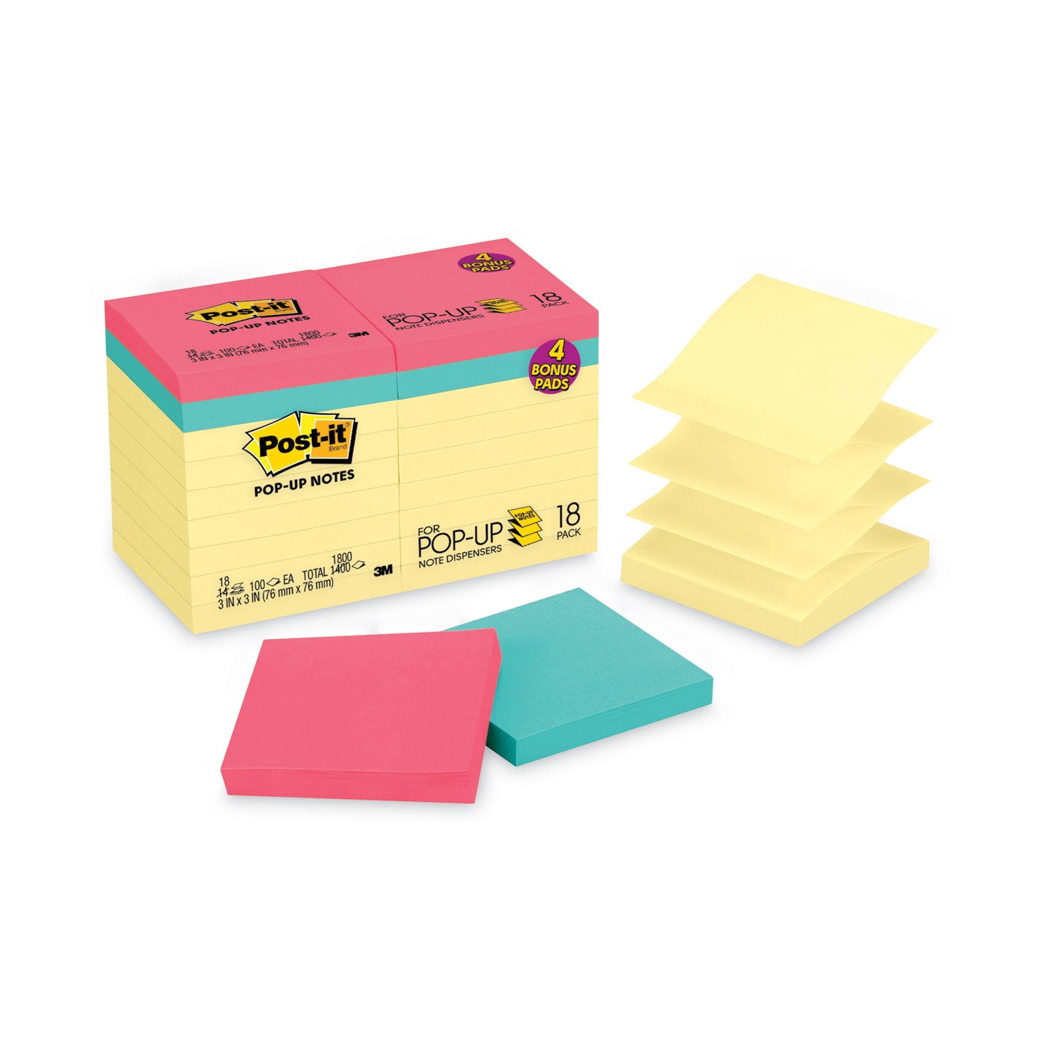 Original Pop-up Notes Value Pack, 3 x 3, (14) Canary Yellow, (4) Poptimistic Collection Colors, 100 Sheets/Pad, 18 Pads/Pack - 