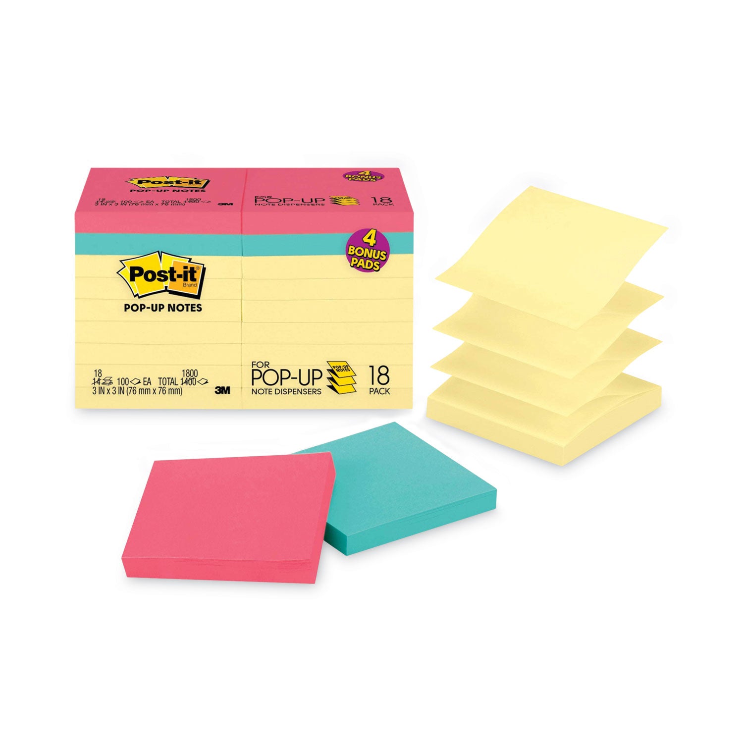 Original Pop-up Notes Value Pack, 3 x 3, (14) Canary Yellow, (4) Poptimistic Collection Colors, 100 Sheets/Pad, 18 Pads/Pack - 