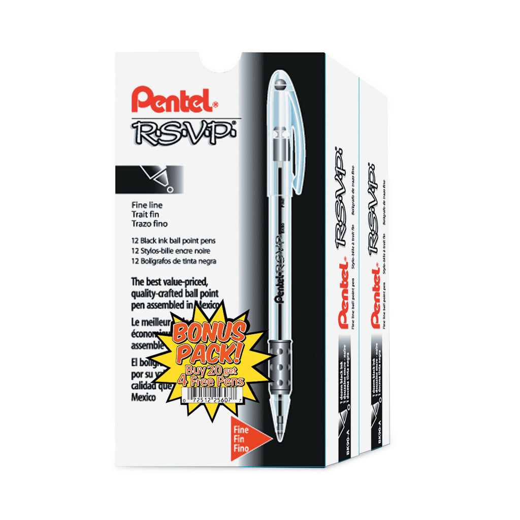 R.S.V.P. Ballpoint Pen Value Pack, Stick, Fine 0.7 mm, Black Ink, Clear/Black Barrel, 24/Pack