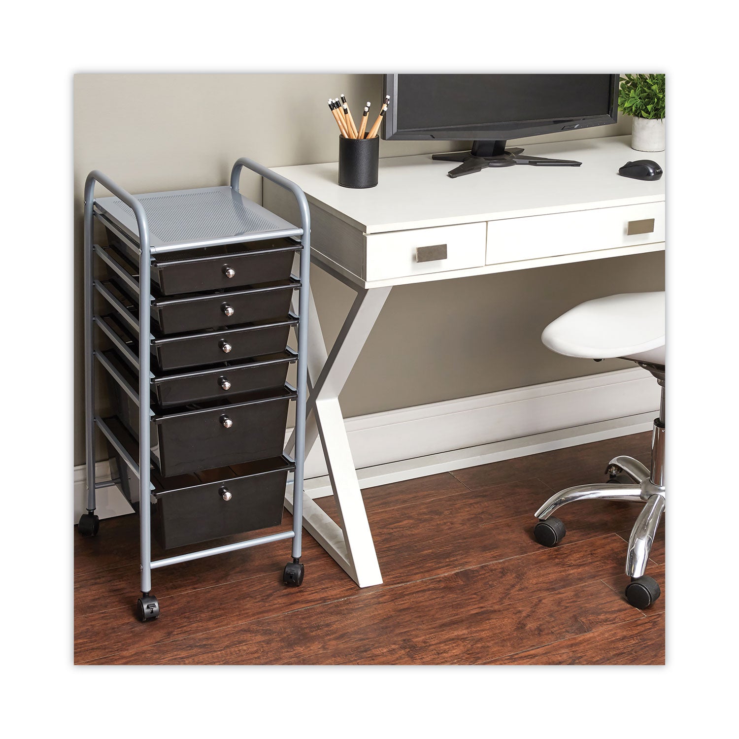 Portable Drawer Organizer, Metal, 1 Shelf, 6 Drawers, 13" x 15.38" x 32.13", Matte Gray/Smoke - 