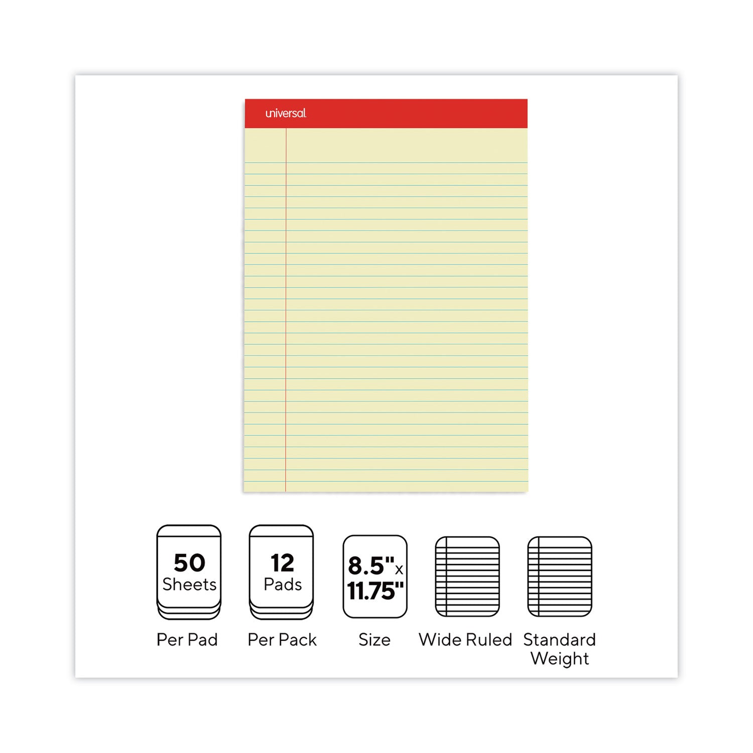 Perforated Ruled Writing Pads, Wide/Legal Rule, Red Headband, 50 Canary-Yellow 8.5 x 11.75 Sheets, Dozen - 