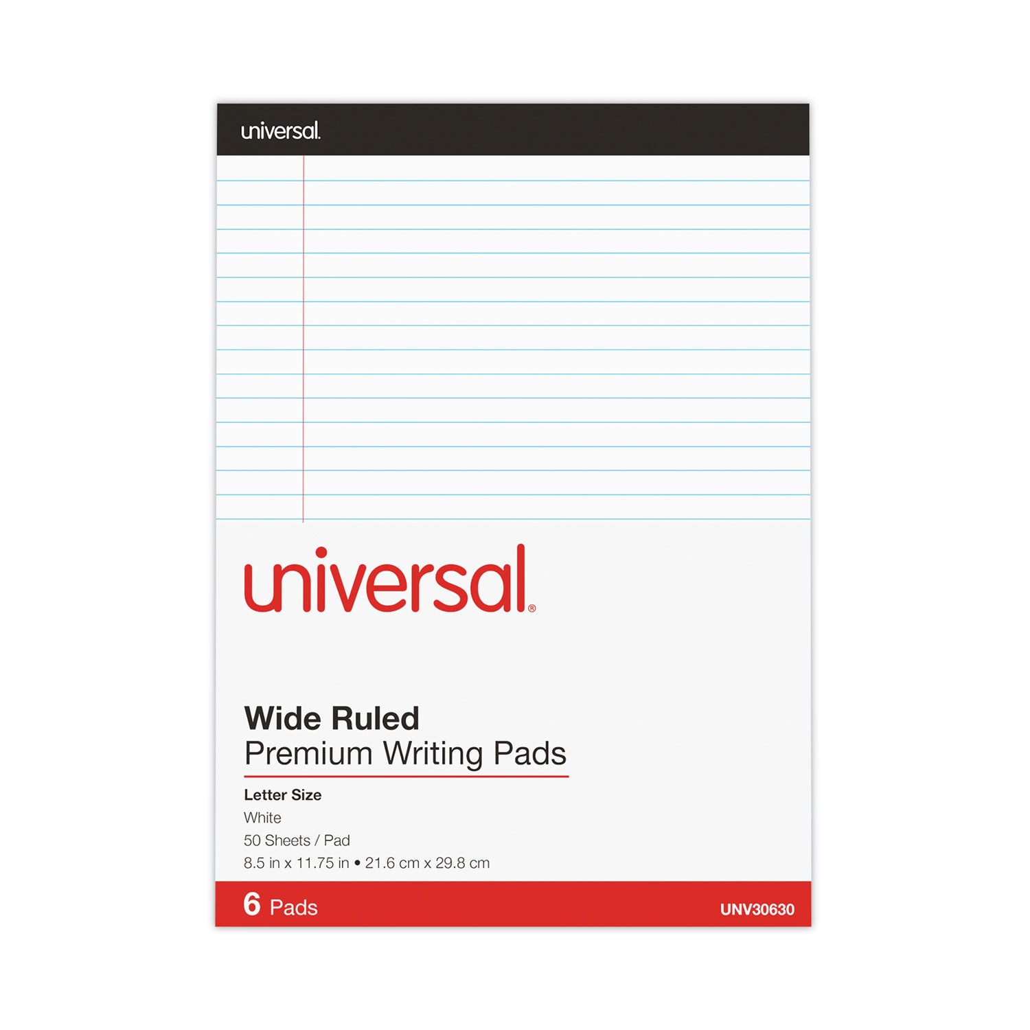Premium Ruled Writing Pads with Heavy-Duty Back, Wide/Legal Rule, Black Headband, 50 White 8.5 x 11 Sheets, 6/Pack - 