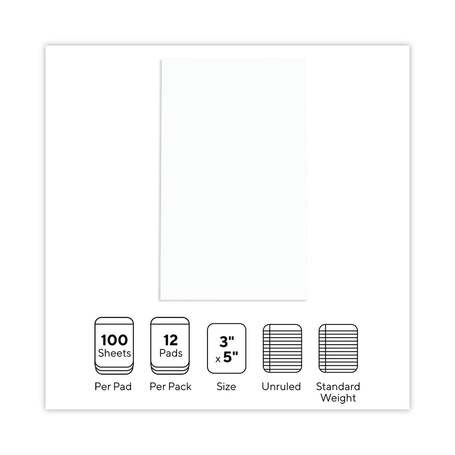 Scratch Pads, Unruled, 3 x 5, White, 100 Sheets, 12/Pack - 