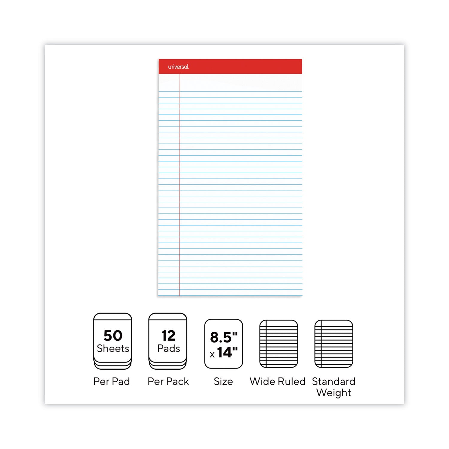 Perforated Ruled Writing Pads, Wide/Legal Rule, Red Headband, 50 White 8.5 x 14 Sheets, Dozen - 