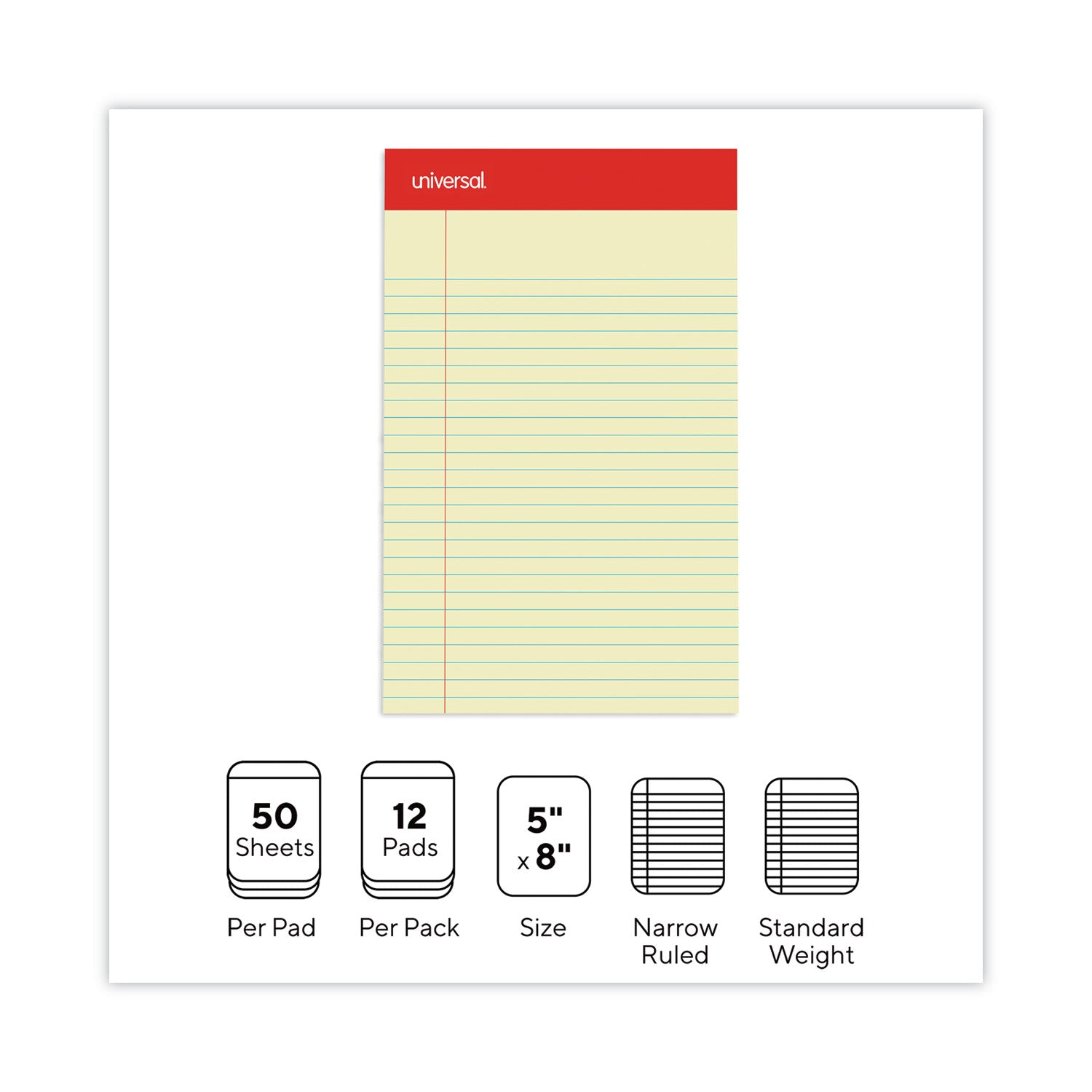 Perforated Ruled Writing Pads, Narrow Rule, Red Headband, 50 Canary-Yellow 5 x 8 Sheets, Dozen - 