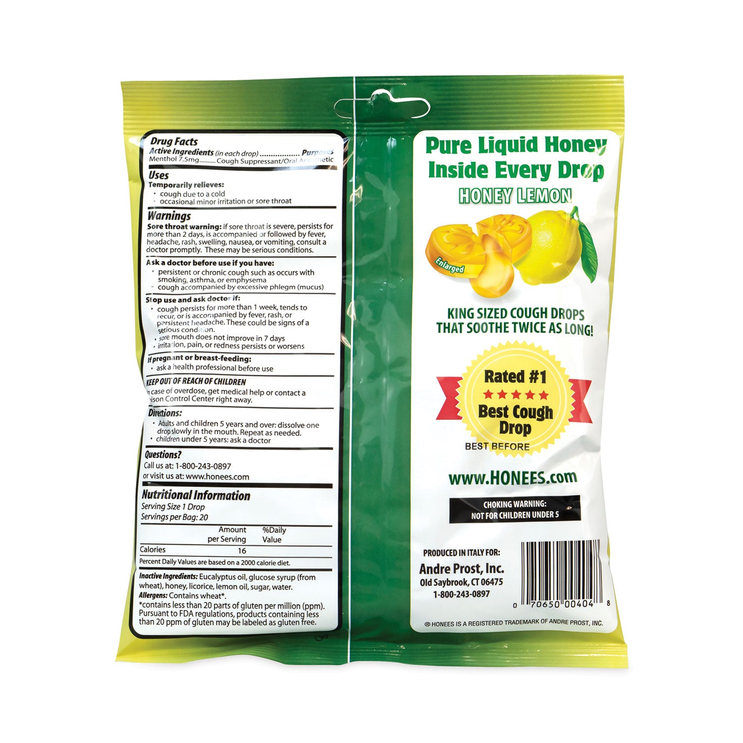 Cough Drops, Honey-Lemon, 20 per Bag, 6 Bags/Pack, Ships in 1-3 Business Days