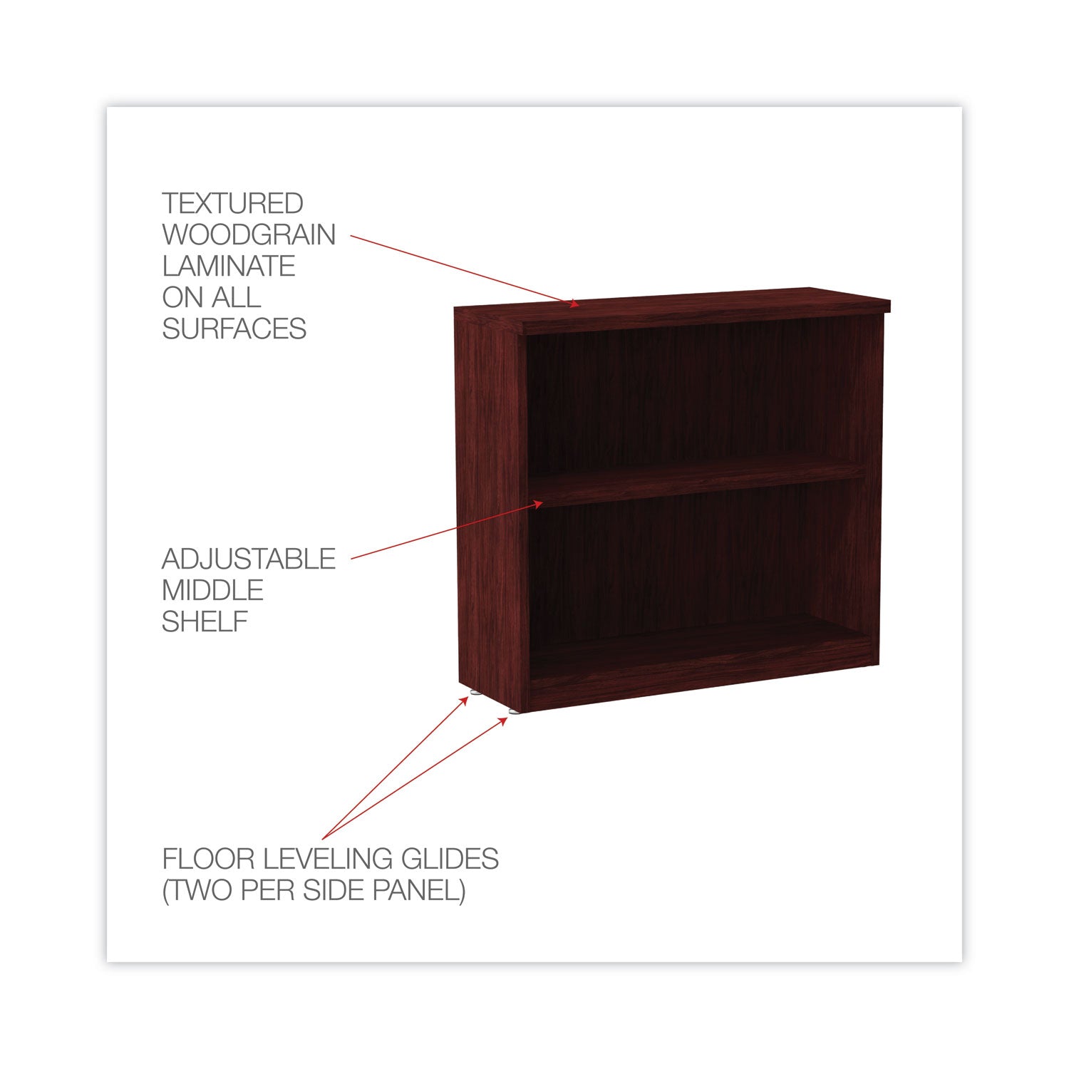 Alera Valencia Series Bookcase, Two-Shelf, 31.75w x 14d x 29.5h, Mahogany - 