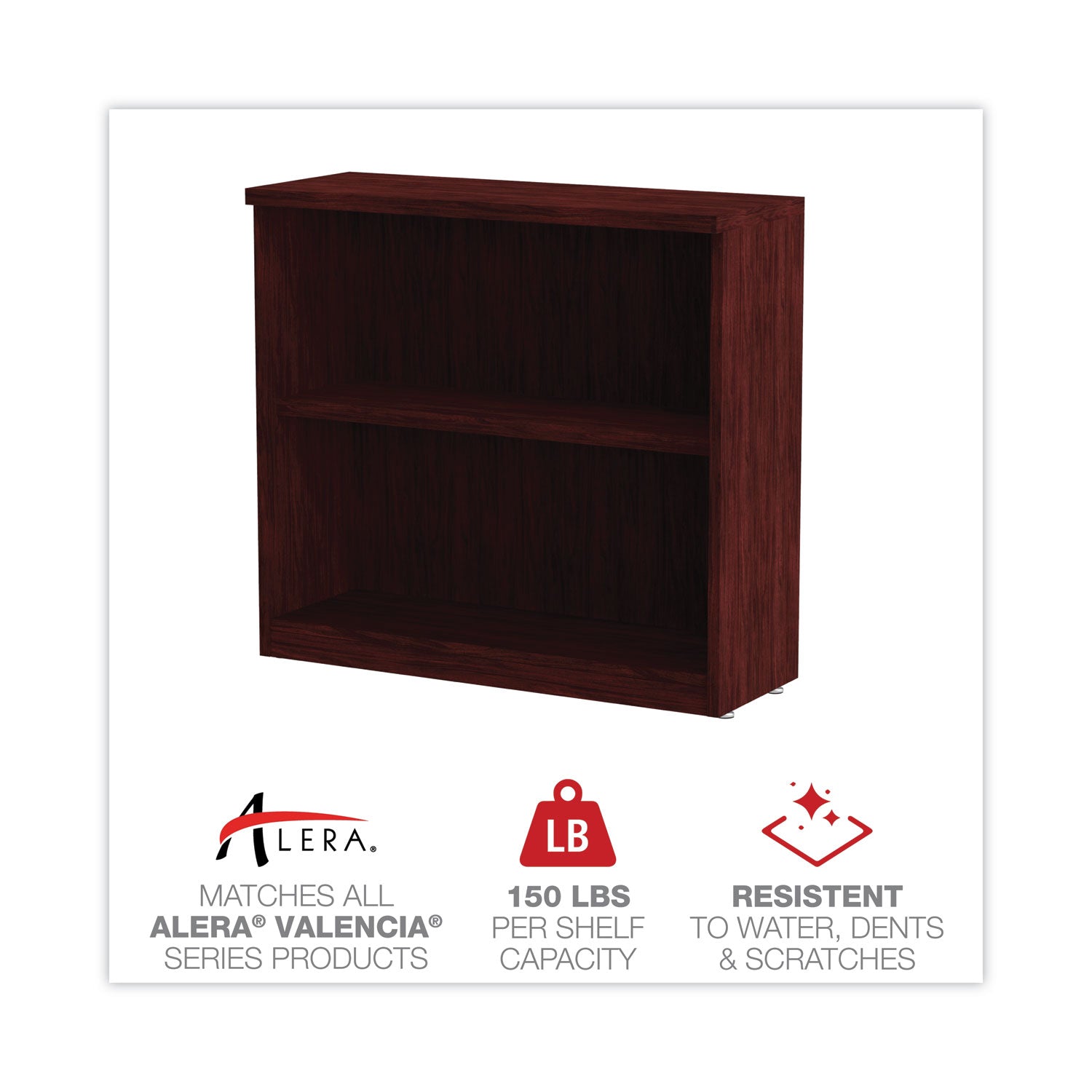 Alera Valencia Series Bookcase, Two-Shelf, 31.75w x 14d x 29.5h, Mahogany - 